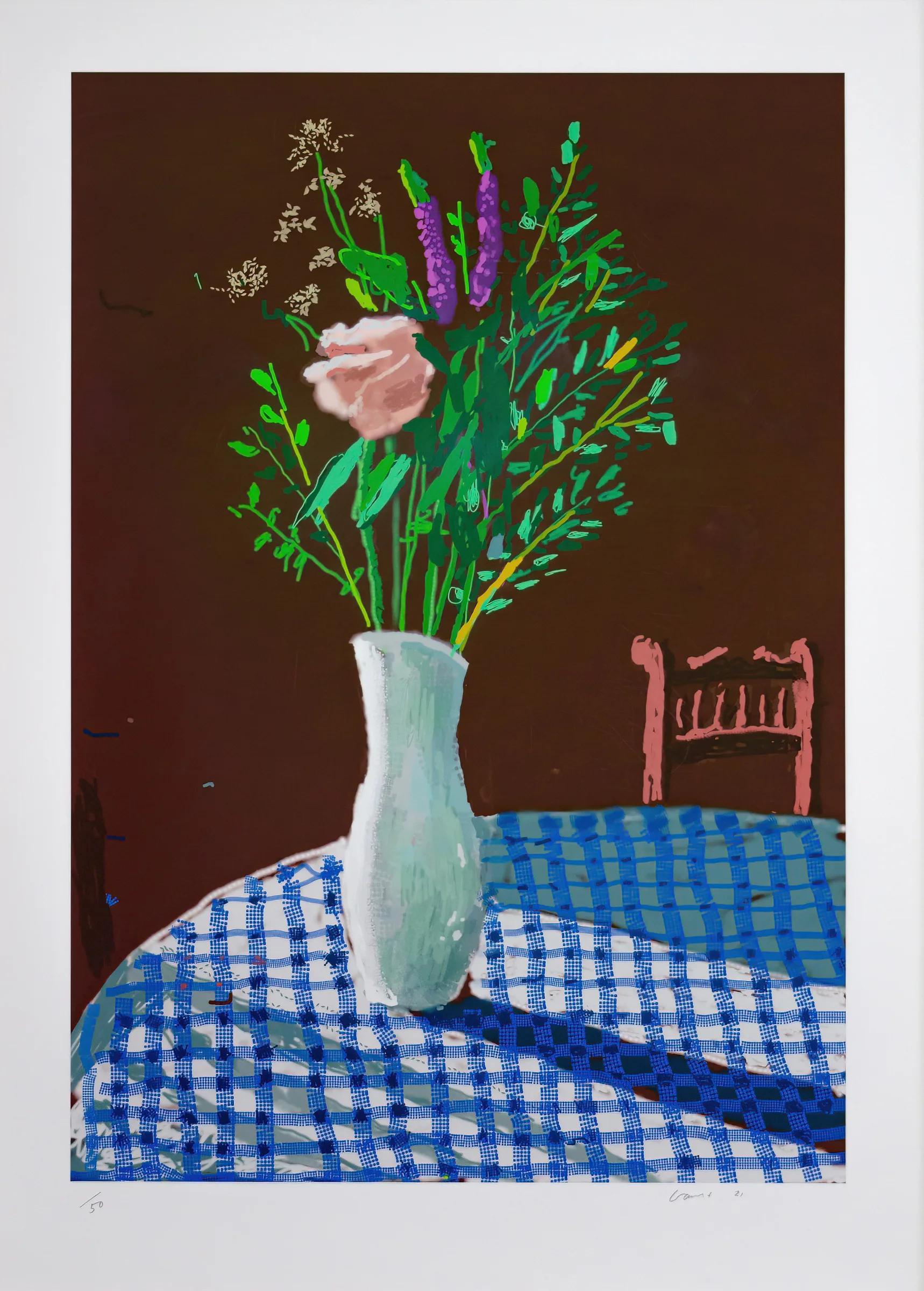 David Hockney 4th February 2021, Flowers In White Vase With Chair (Signed  Print) 2021