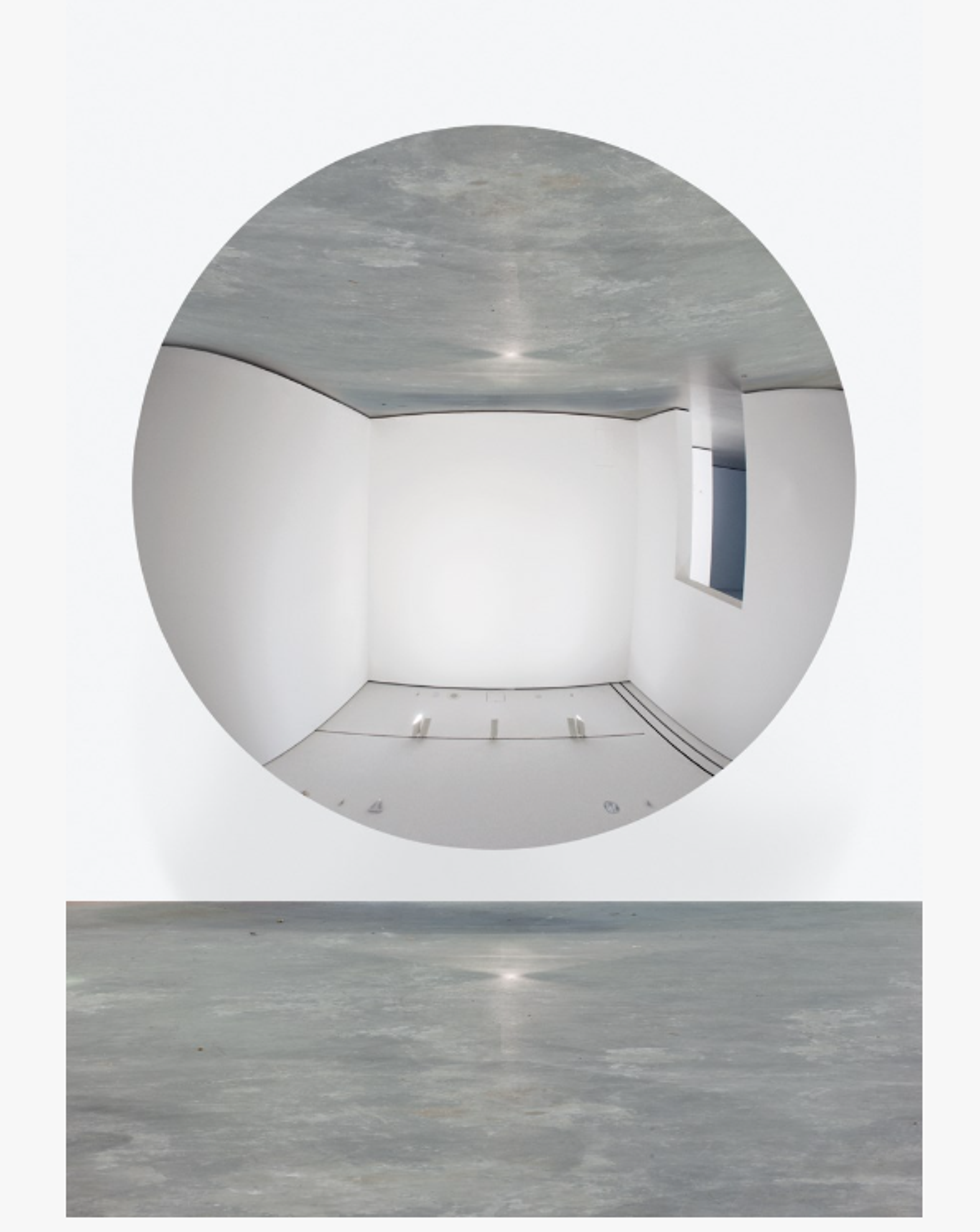 A stainless steel mirror disc reflecting a slightly warped, empty gallery space. The reflection has a fish-eye effect.
