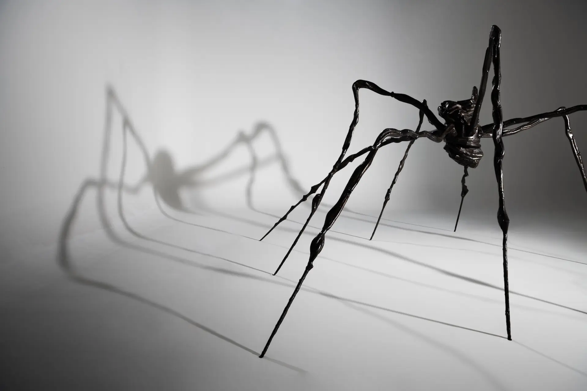 Black and white photograph of Louise Bourgeois Spider sculpture. An oversized spider sculpture with an apparent shadow due to the lighting in the photo.