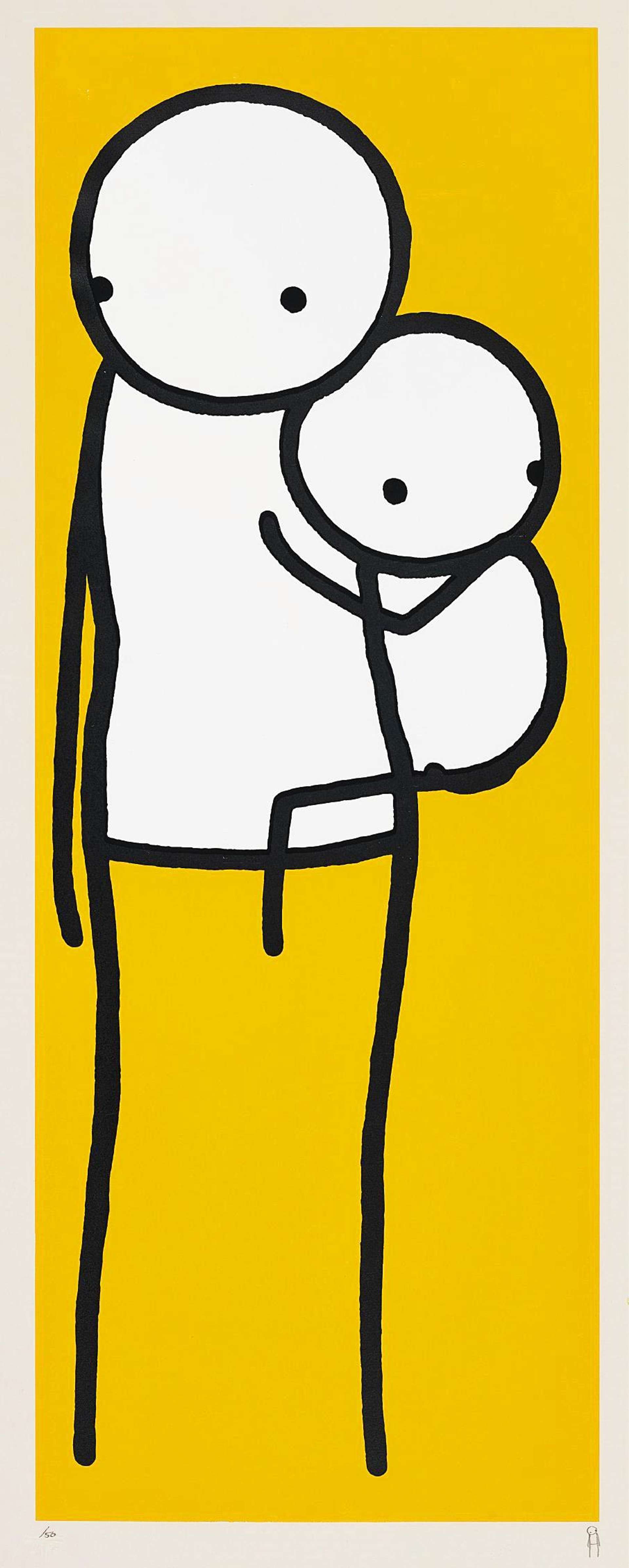 A tall rectangular yellow background with a traditional stick figure drawing of a mother holding her child.