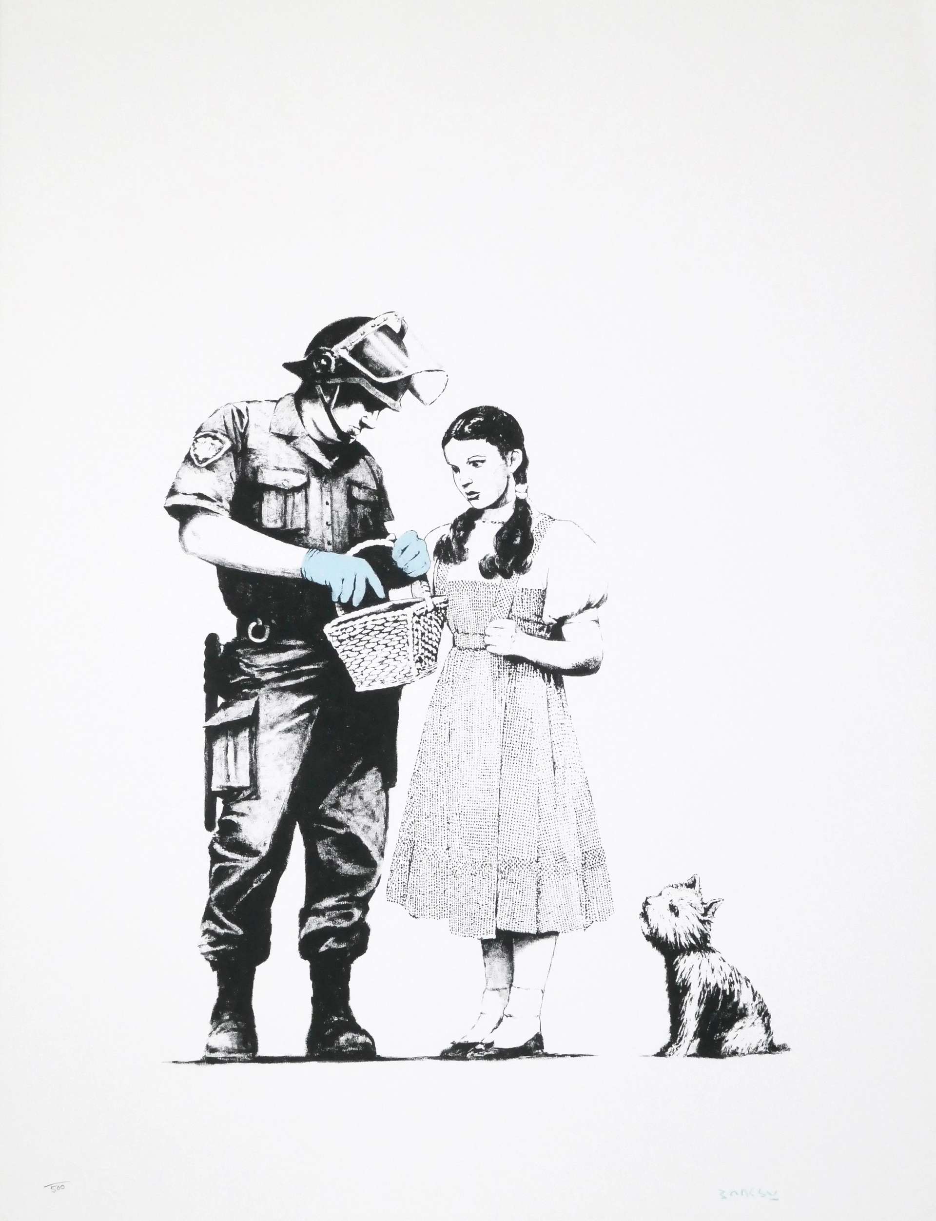 Banksy's 2007 Stop And Search, a signed screen print of 500, satirizes the UK government's stop-and-search policy by depicting a modern-day policeman searching Dorothy from the Wizard of Oz. 