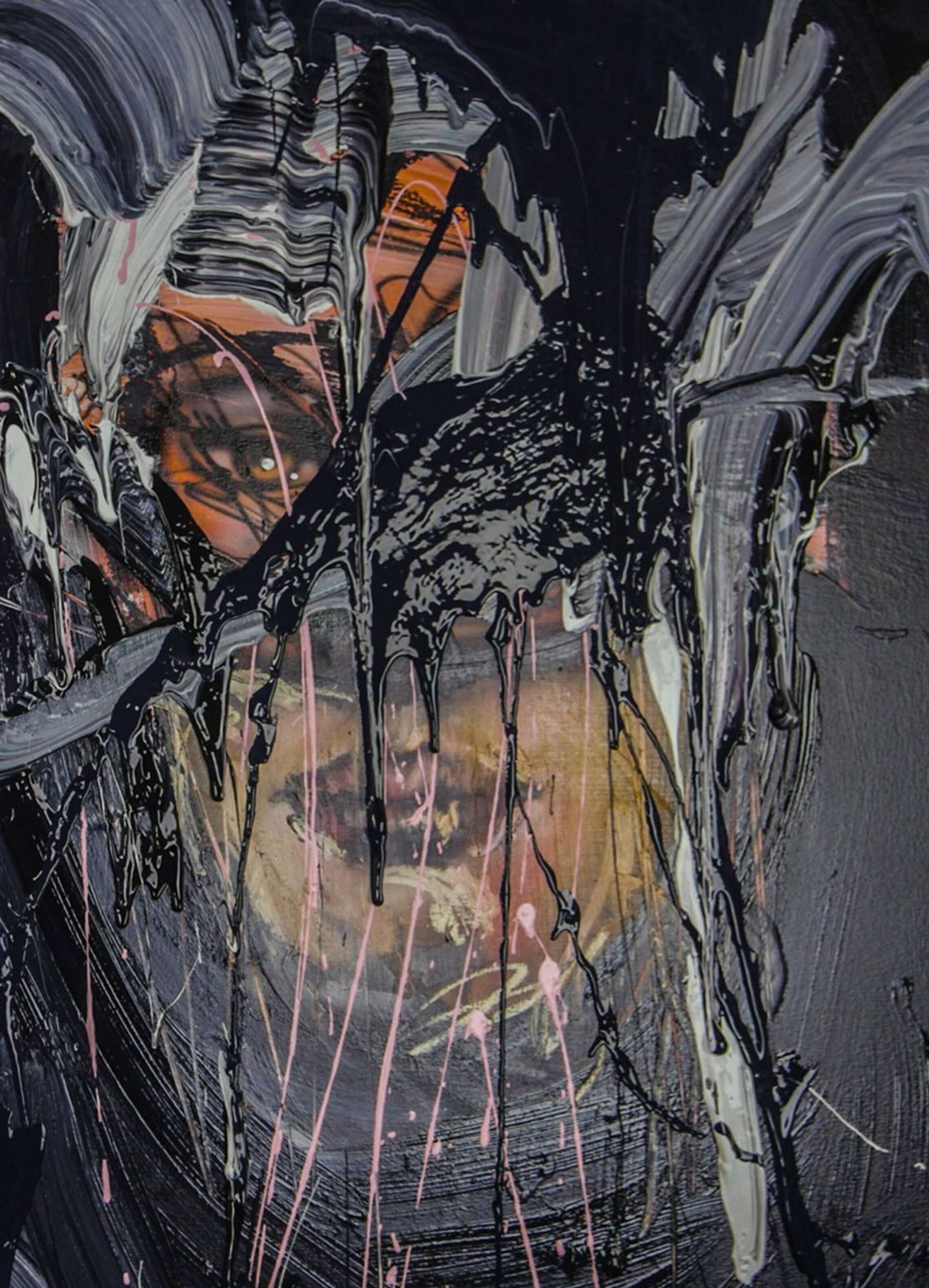 An image of the artwork Fist Hugger by artists David Choe and Rick Doblin, showing a female face obscured by large and thick splashes of black paint.