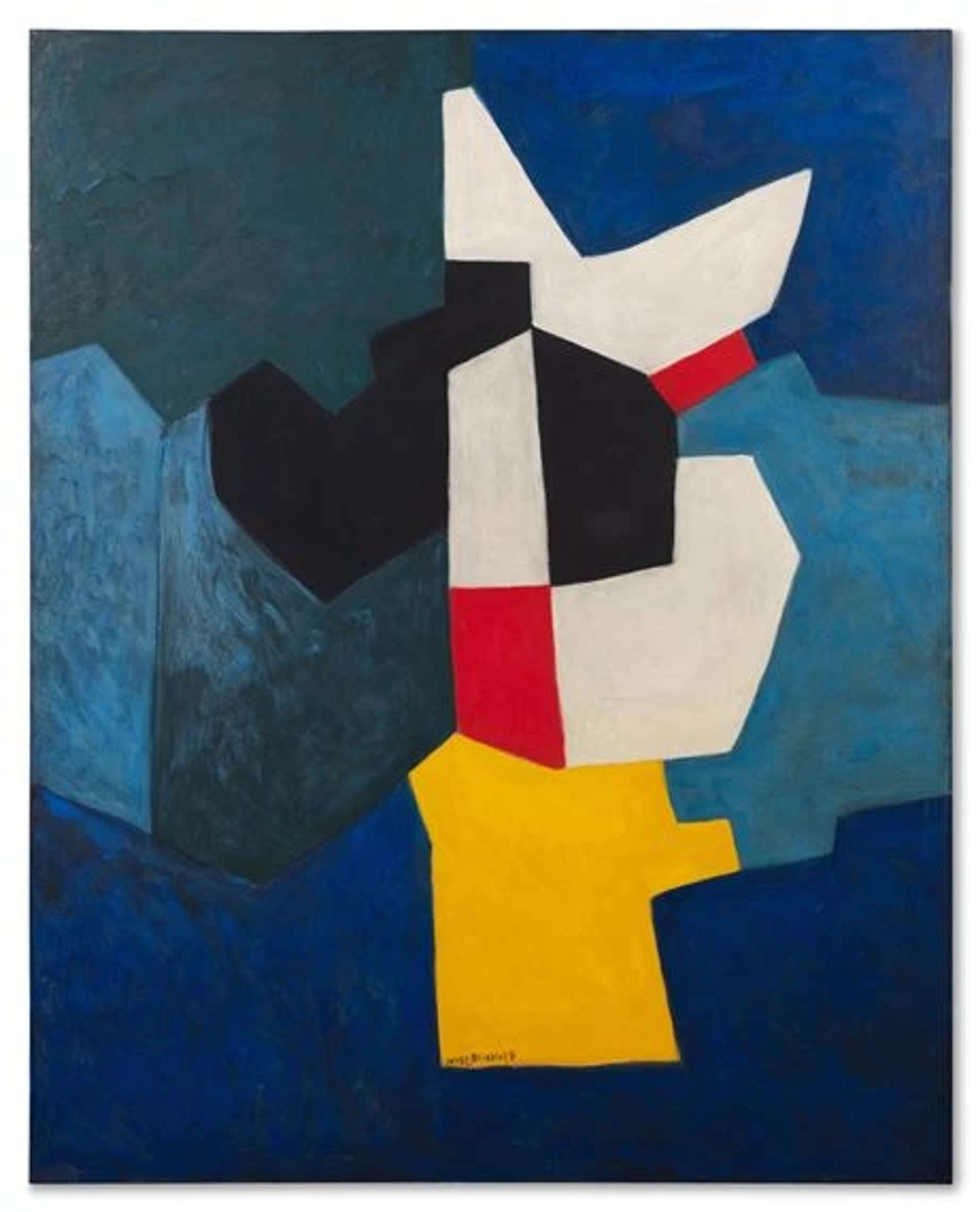 An oil painting featuring interlocking abstract forms with strong colour contrasts, particularly between red, yellow, and blue tones. The shapes are primarily different shades of blue, with a single yellow shape, two red shapes, two black, and three white, standing out towards the centre.