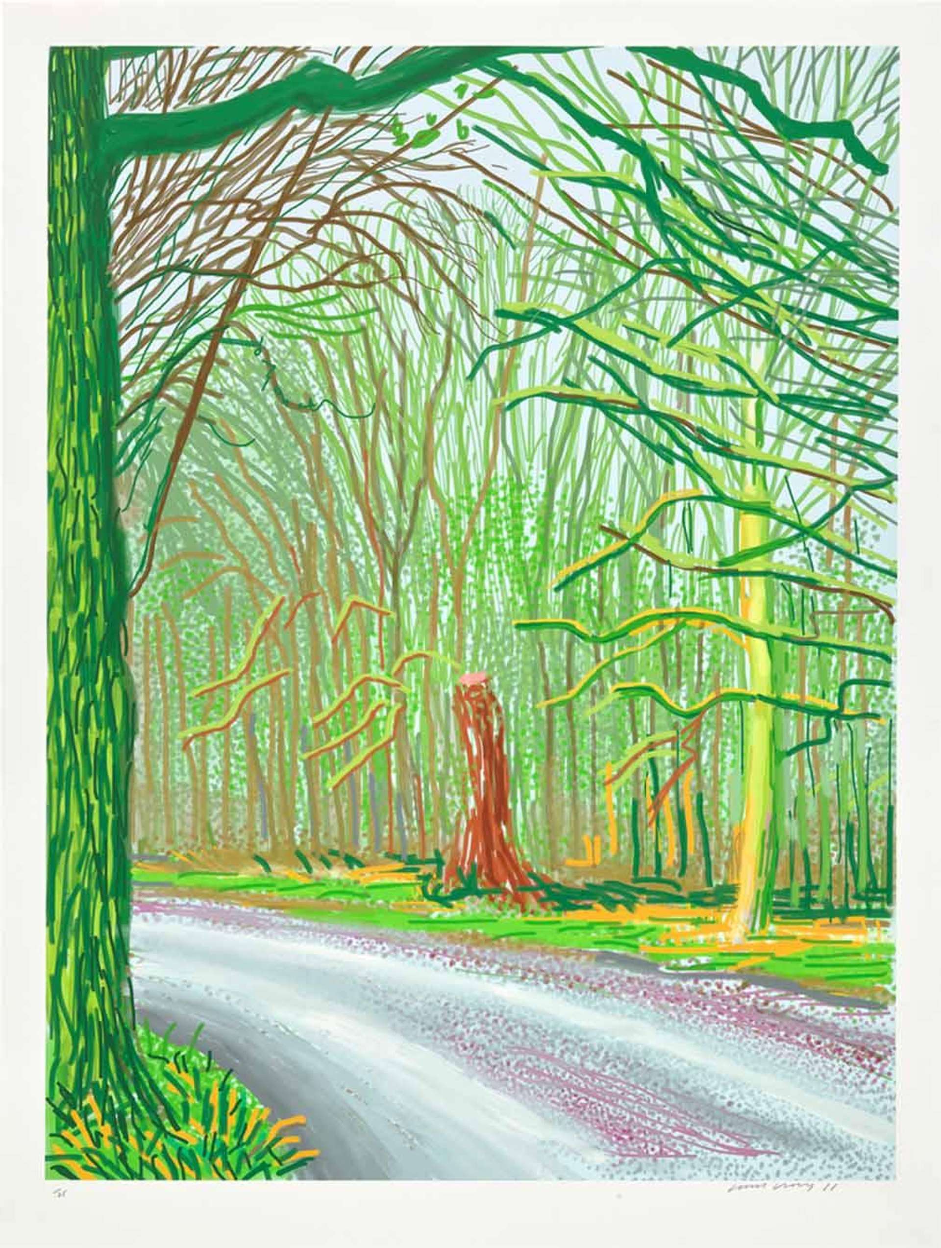 A road curves to the bottom left of the composition, with bright green trees and branched framing the scene.