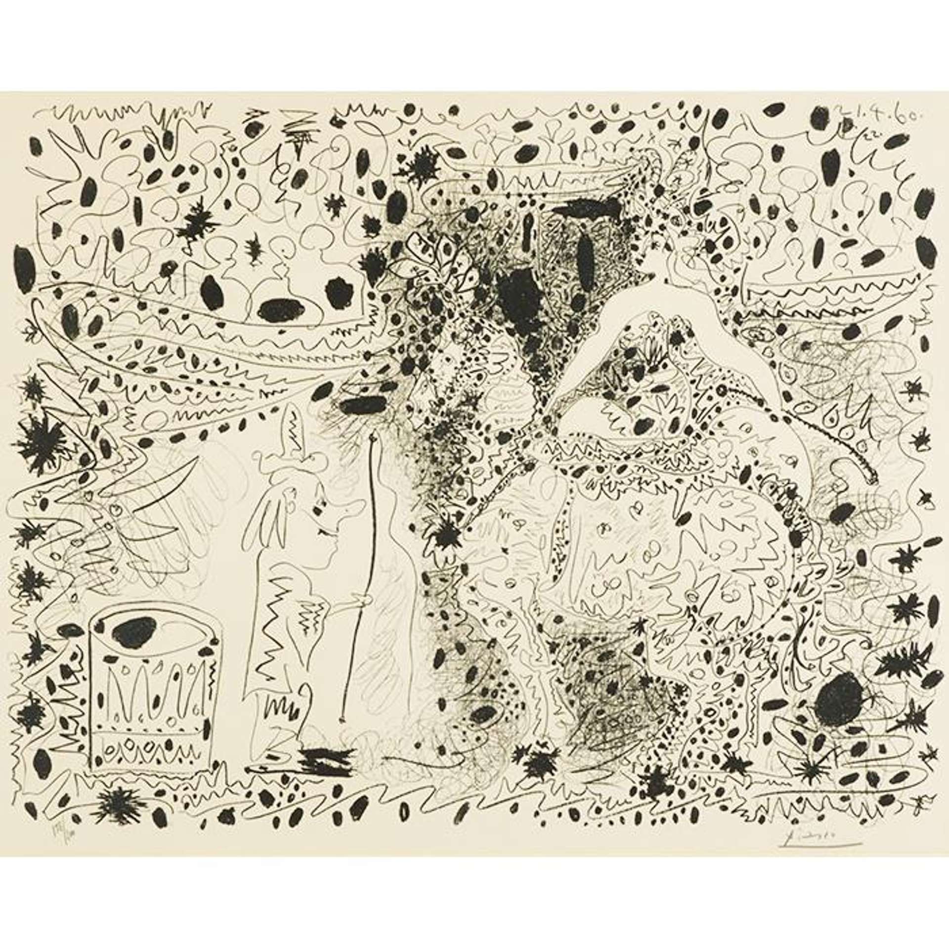 A monochrome line-drawing of a woman wearing a large dress, looking at a shorter male figure. All around the figures are dots, patterns and lines creating a sense of chaos.