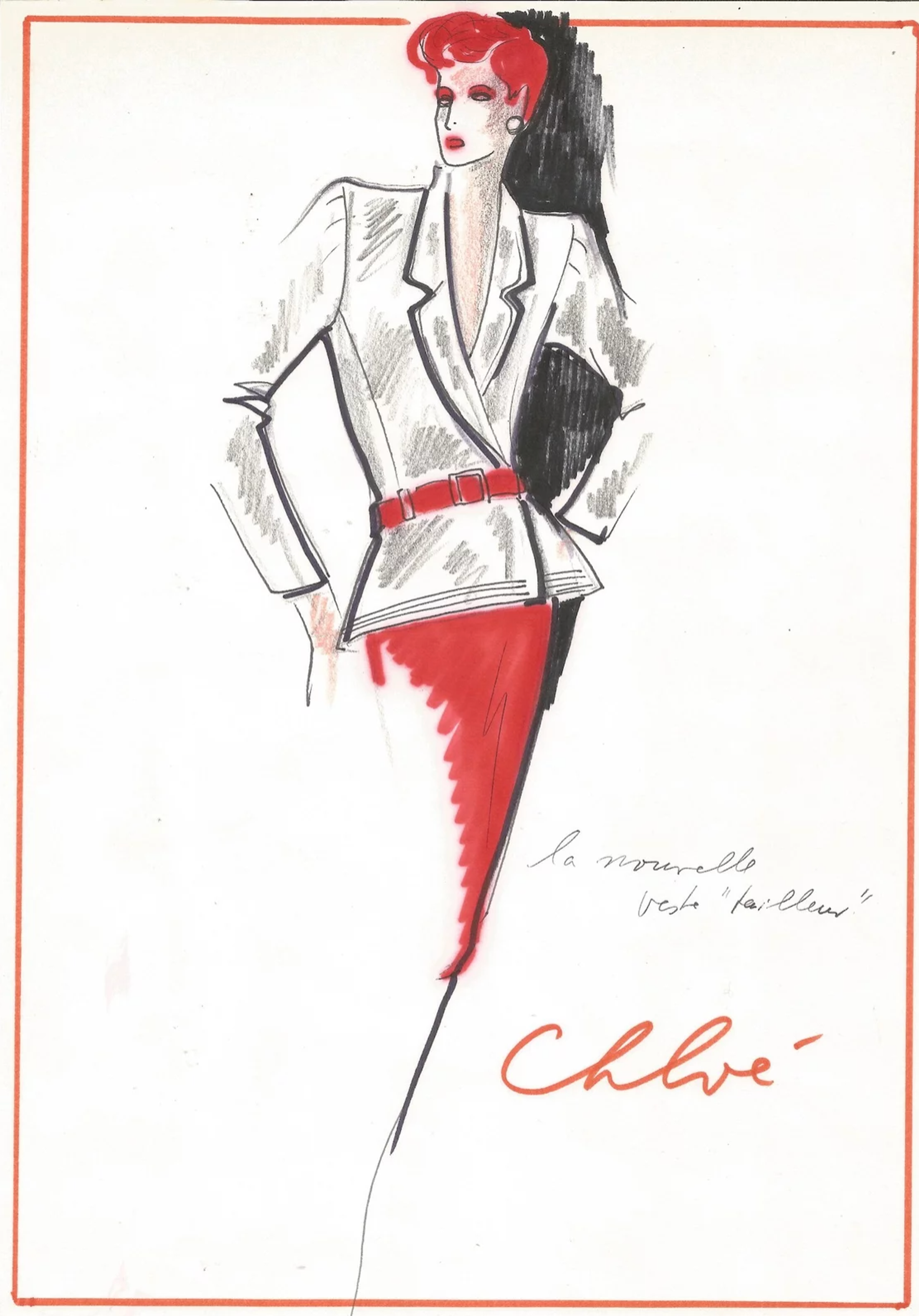 A fashion illustration of a woman with red hair wearing a structured white jacket cinched in at the waist with a red belt, and a red pencil skirt, with written inscriptions to the right of the figure.