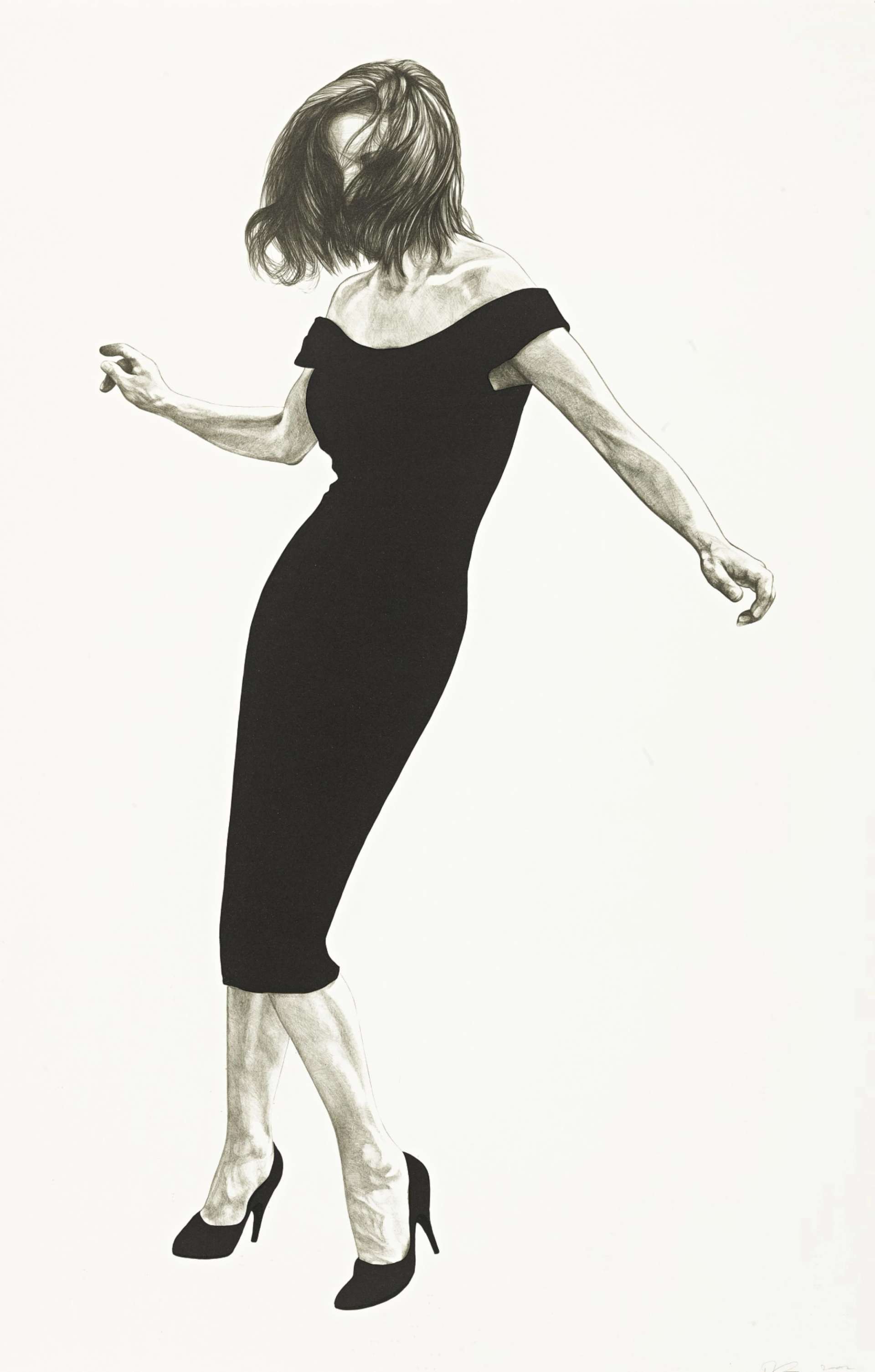 A monochrome lithograph of a woman mid-flip, with her hair obscuring her face, by Robert Longo.
