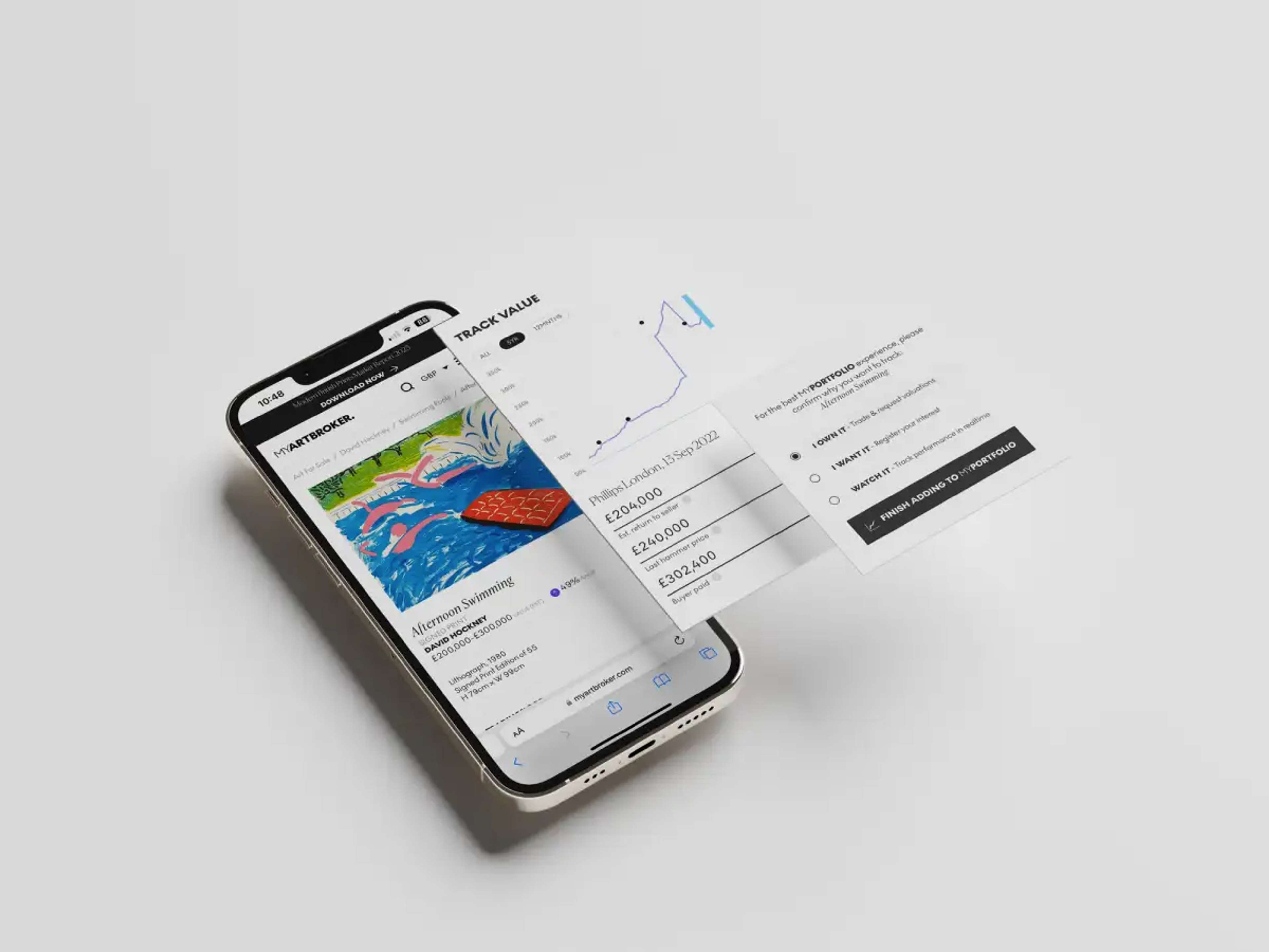 Graphic of MyArtBroker’s My Portfolio platform displayed on a smartphone. 