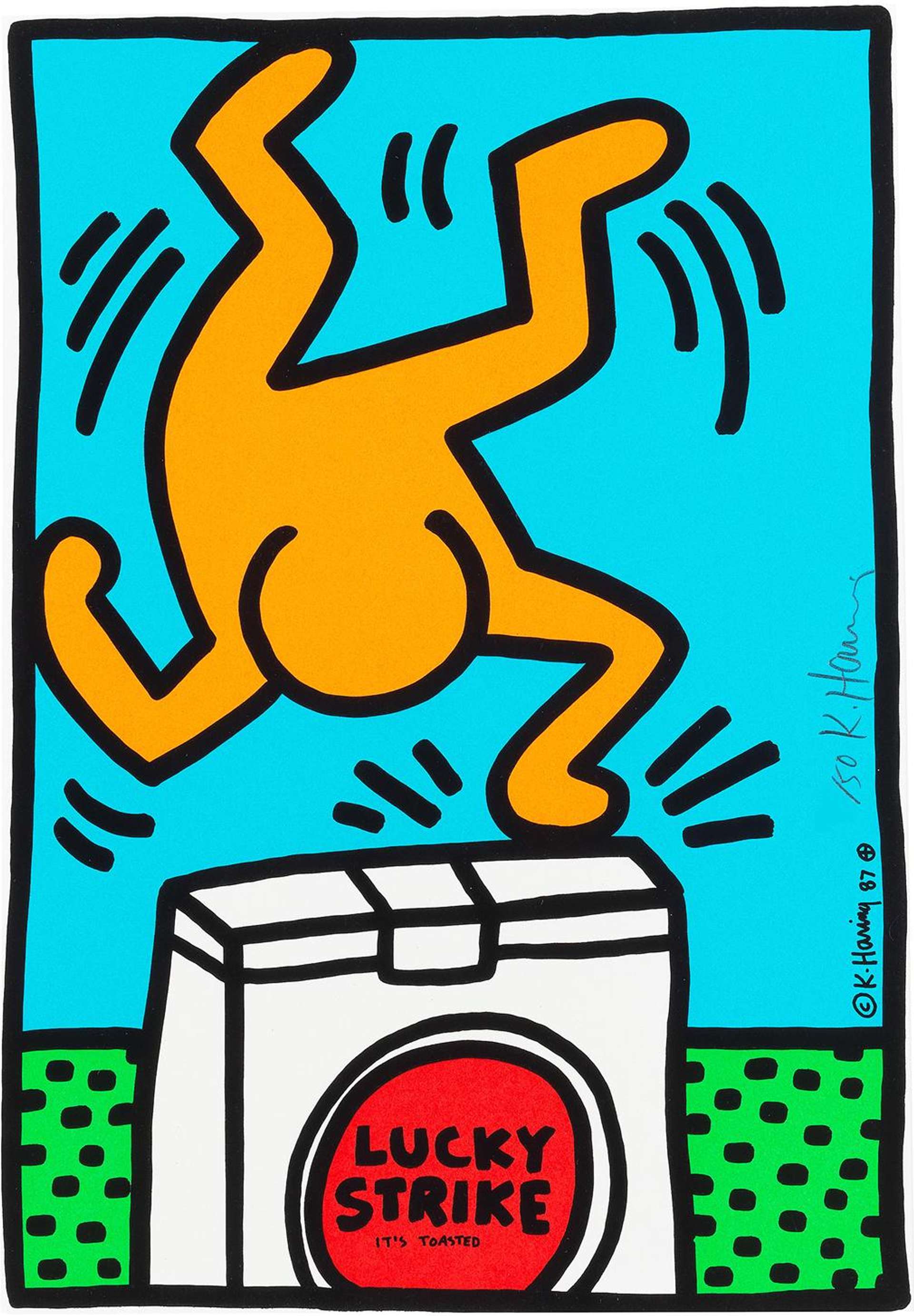 Keith Haring’s Lucky Strike (blue). A Pop Art screenprint of a yellow animated figure upside down on a carton of cigarettes. 