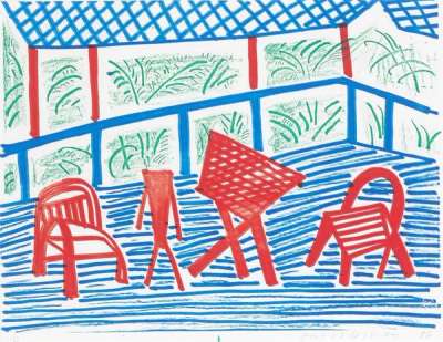 Two Red Chairs And Table - Signed Print by David Hockney 1986 - MyArtBroker