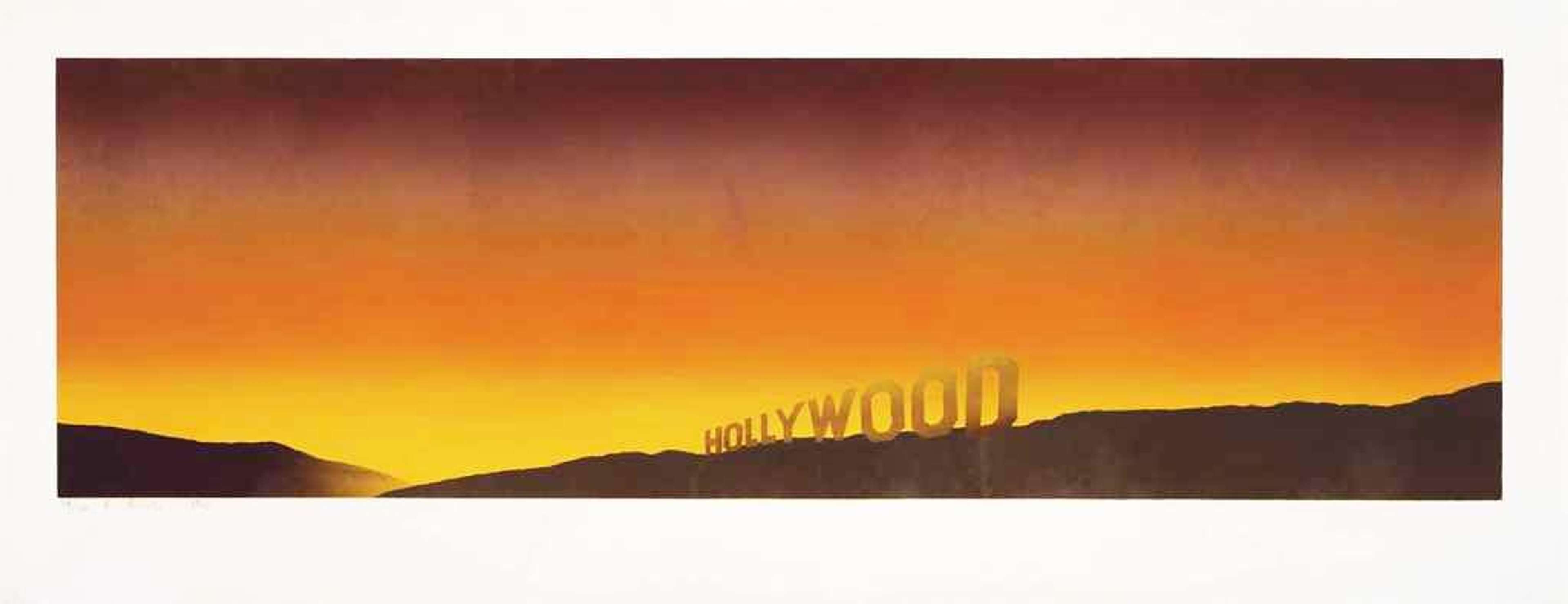 Screenprint depicting the Hollywood sign against a sunset backdrop  