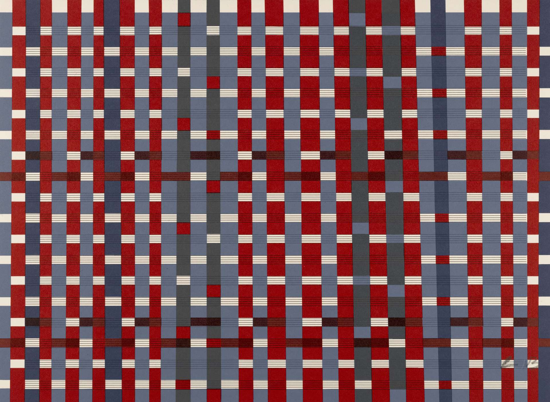 Louise Bourgeois’ Untitled #19. A screenprint of red, blue, and grey tones against a pattern of horizontal lines.
