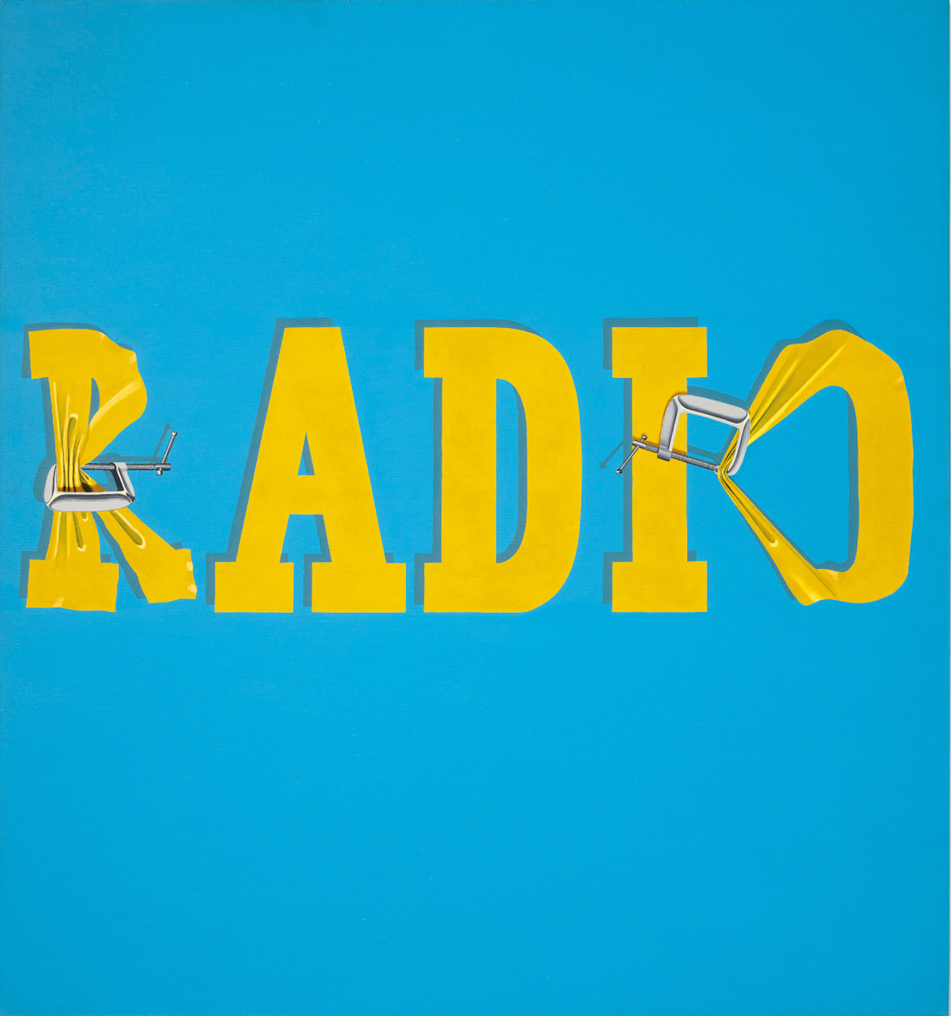 Painting by Ed Ruscha depicting the word 'RADIO' in capitalised, bold typography. The text is yellow and is set against a bright blue. The letters 'R' and 'O' are clamped, with the letters being squeezed and distorted.