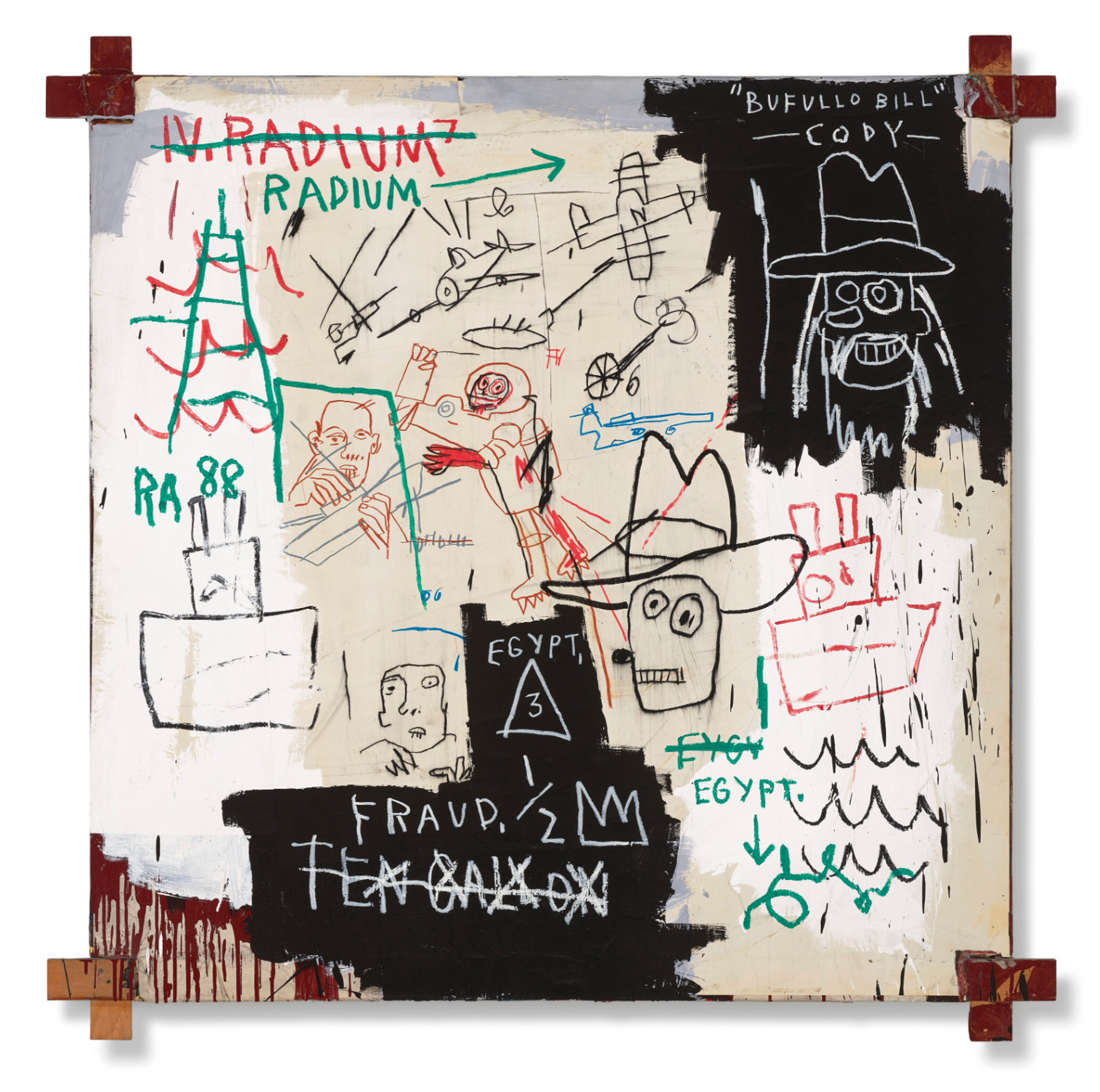 A square canvas with tied wooden supports, containing sketches and inscriptions by Jean-Michel Basquiat in various colours on a multicolour background.