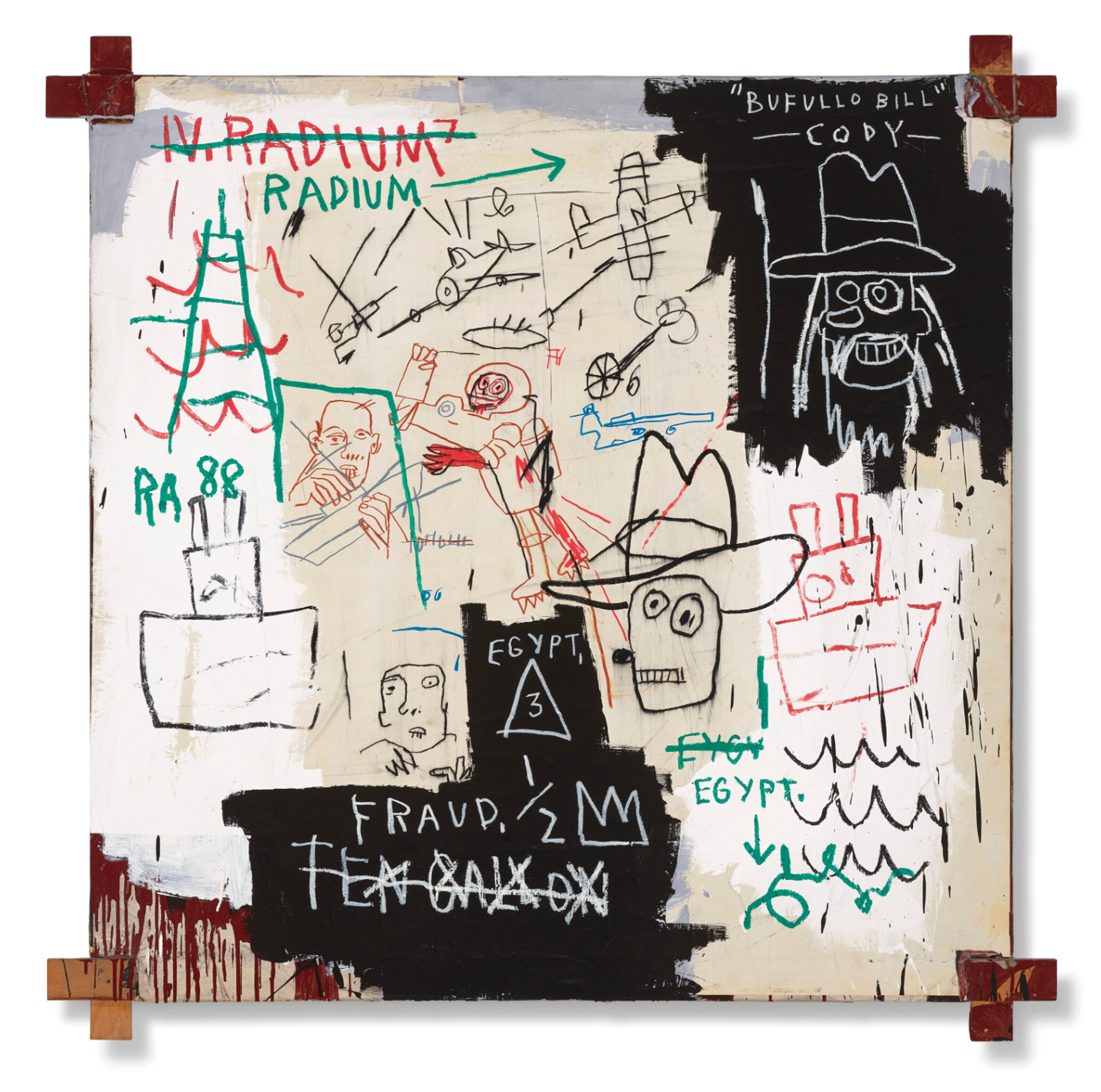 A square canvas with tied wooden supports, containing sketches and inscriptions by Jean-Michel Basquiat in various colours on a multicolour background.