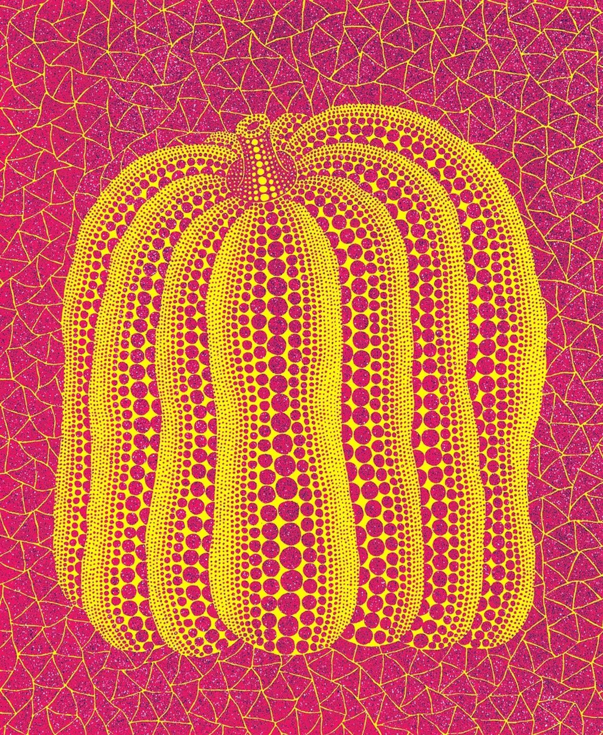 Yayoi Kusama's Pumpkin (RT) , Kusama 316. A screenprint of a pumpkin created out of a pattern of yellow and pink polka dots against a geometric patterned background