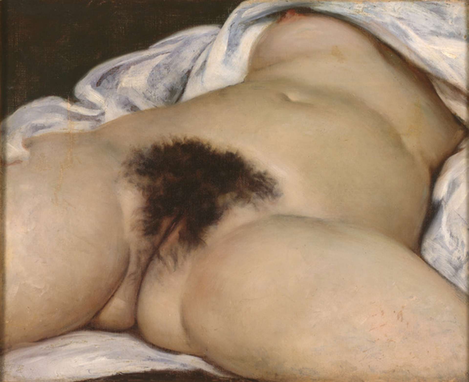Gustave Courbet’s L'Origine Du Monde. Close up painting of the lower half of a nude woman’s body. 