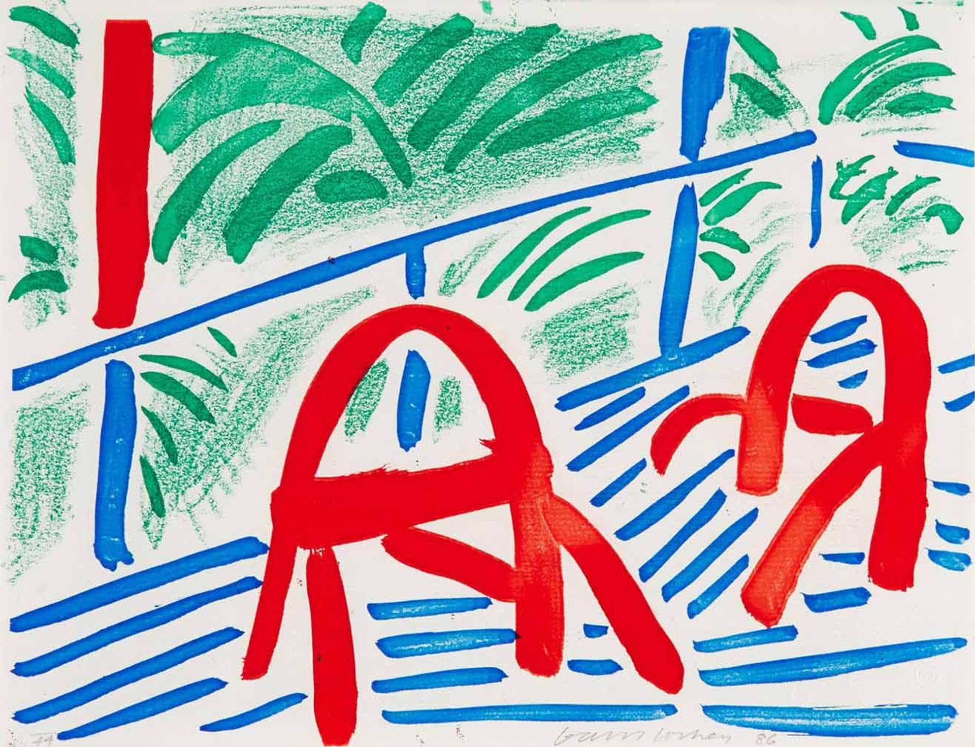 A photocopyprint by David Hockney depicting two red chairs in an outdoor scene.