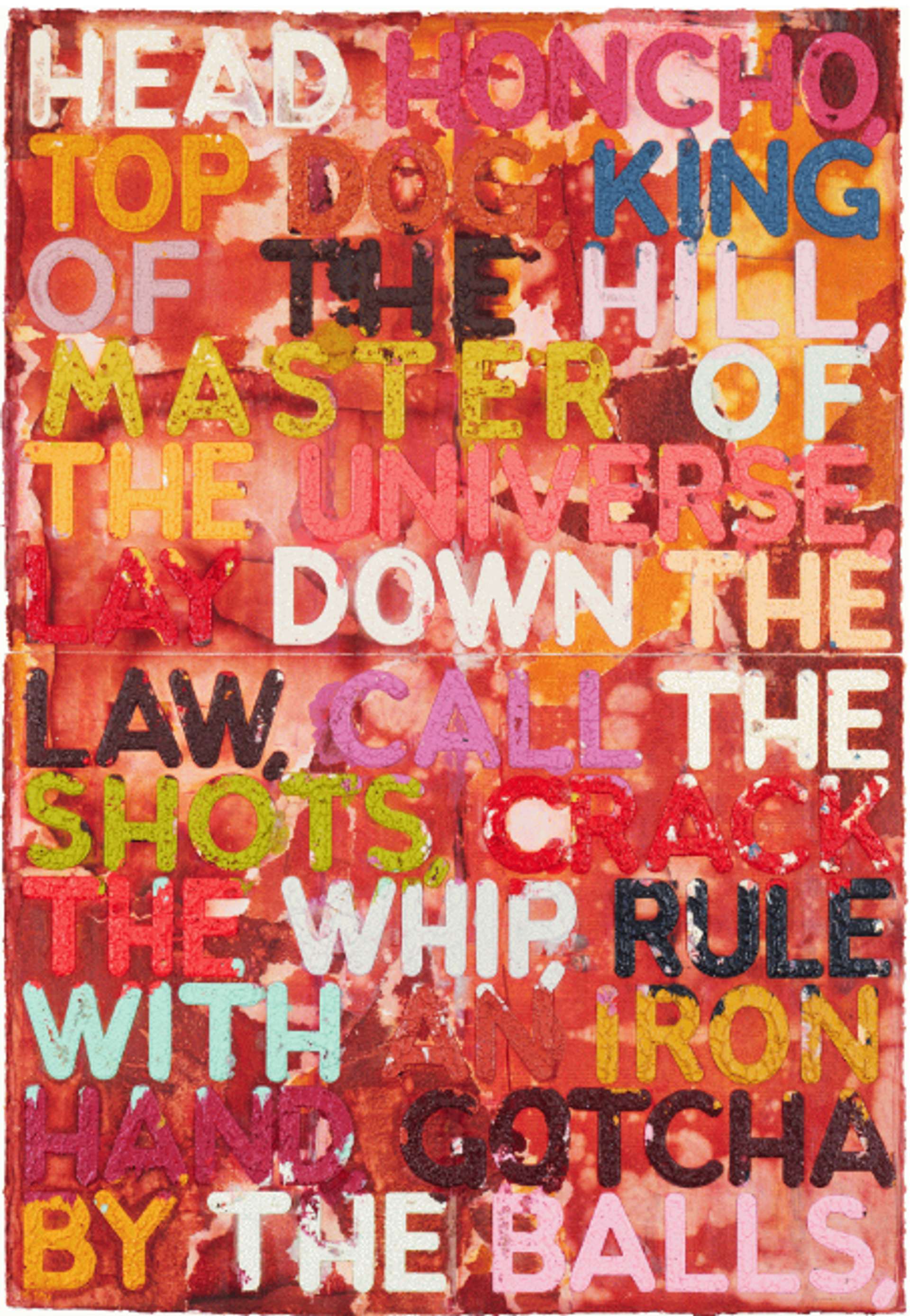 Bold, large letters dominate the canvas, presenting titles that evoke authority, control, and action. These phrases are arranged from the top left corner to the bottom right, capturing attention and commanding presence. The warm-toned abstract background adds depth and visual interest, complementing the powerful nature of the text.