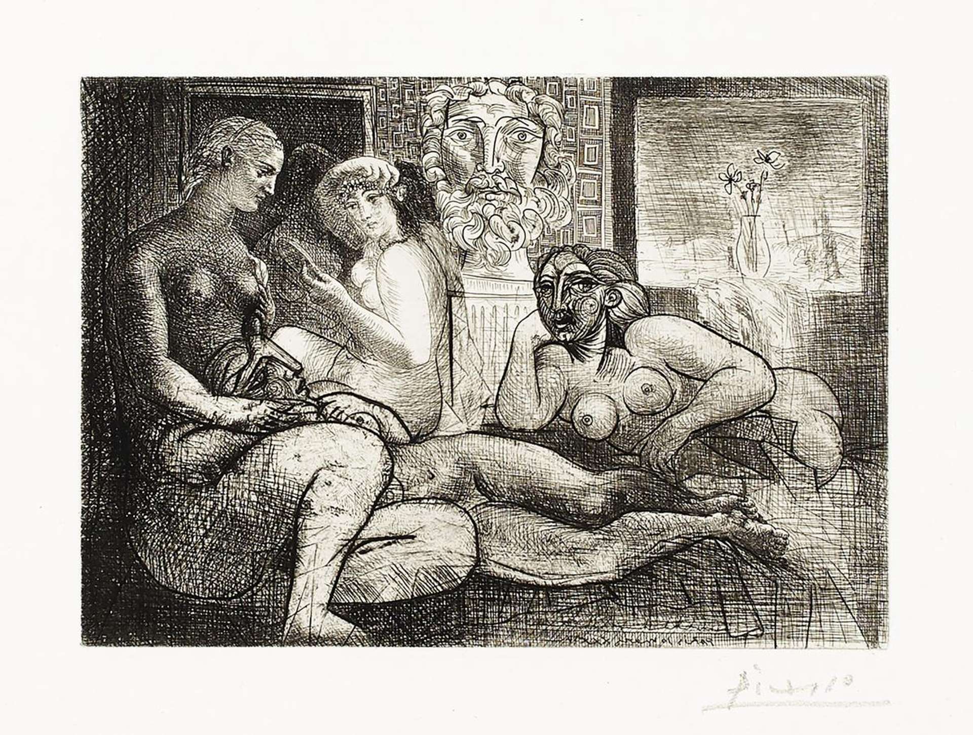 In this etching by Picasso, four nude female figures are seen in a domestic interior. In the back, a large male bust can be seen.