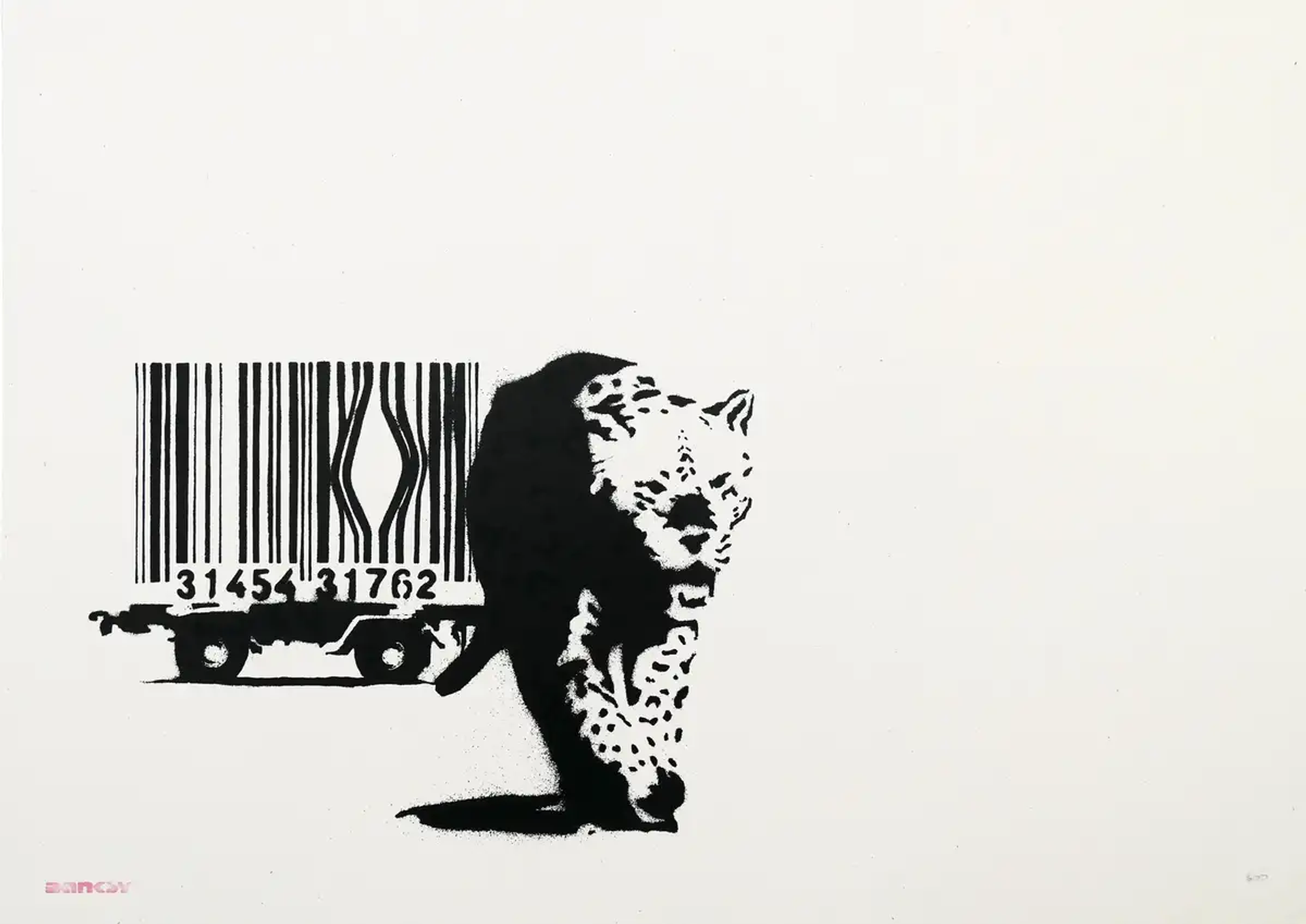 Banksy's Barcode is an unsigned screen print released in 2004, depicting a leopard emerging from a barcode resembling bent cage bars, in his signature monochromatic, stencilled style.