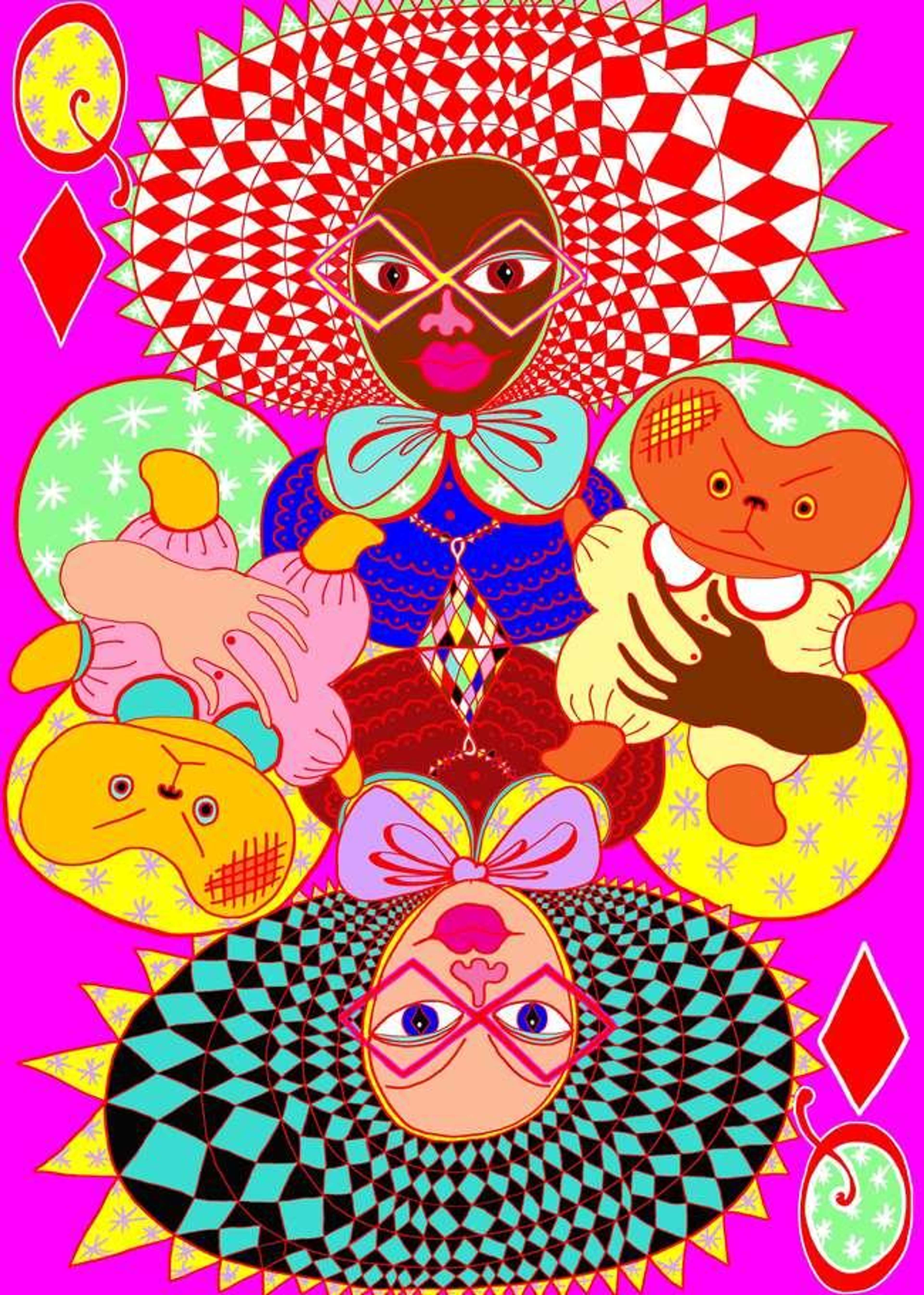 Colourful print by Grayson Perry depicting the Queen of Diamonds, in the format of a playing card, against a hot pick background.