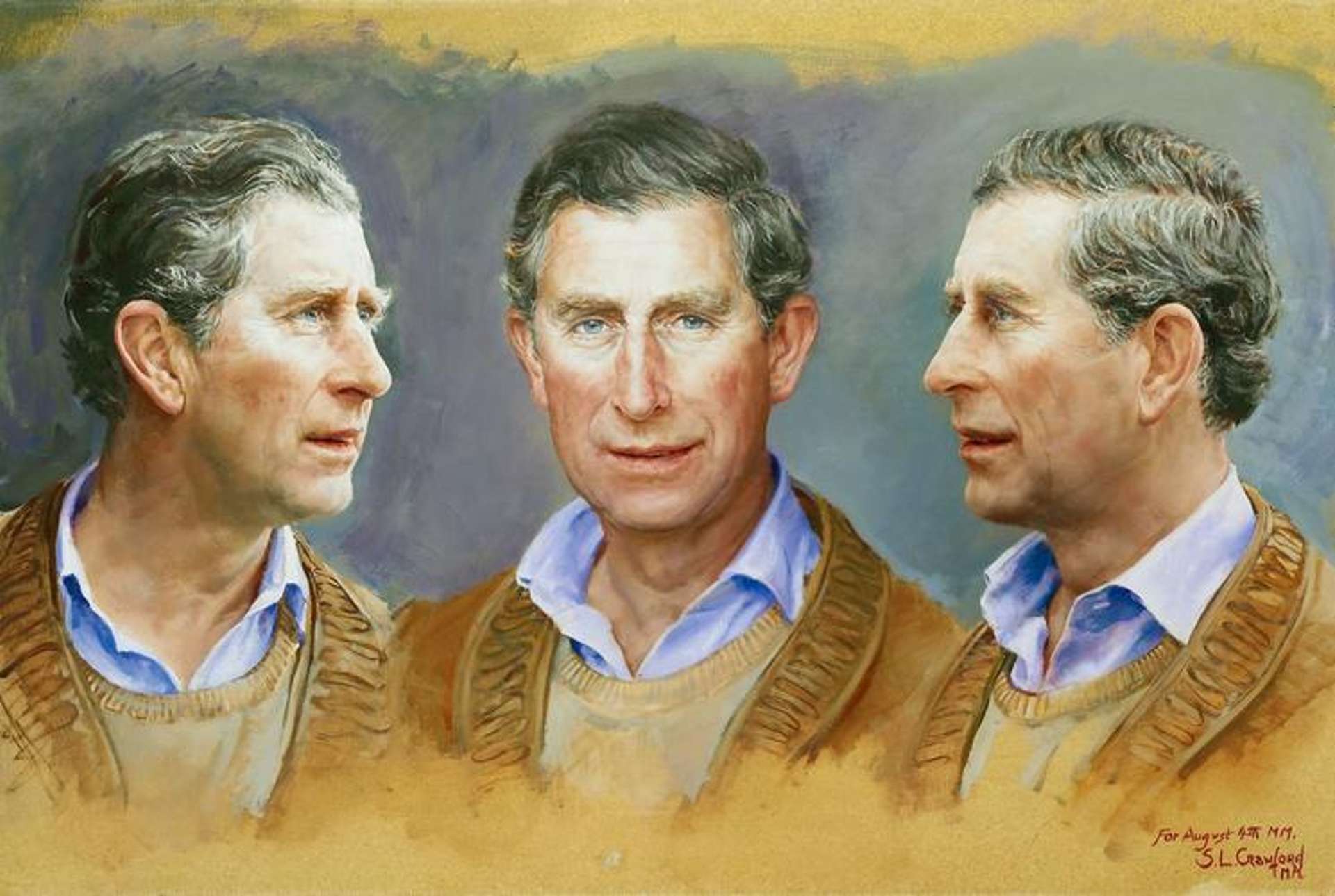 A portrait of King Charles III by artist Susan Crawford. It is based on King Charles I's portrait by Anthony van Dyck, and shows the monarch from three different angles. He is wearing a cardigan and a button-up blue shirt.
