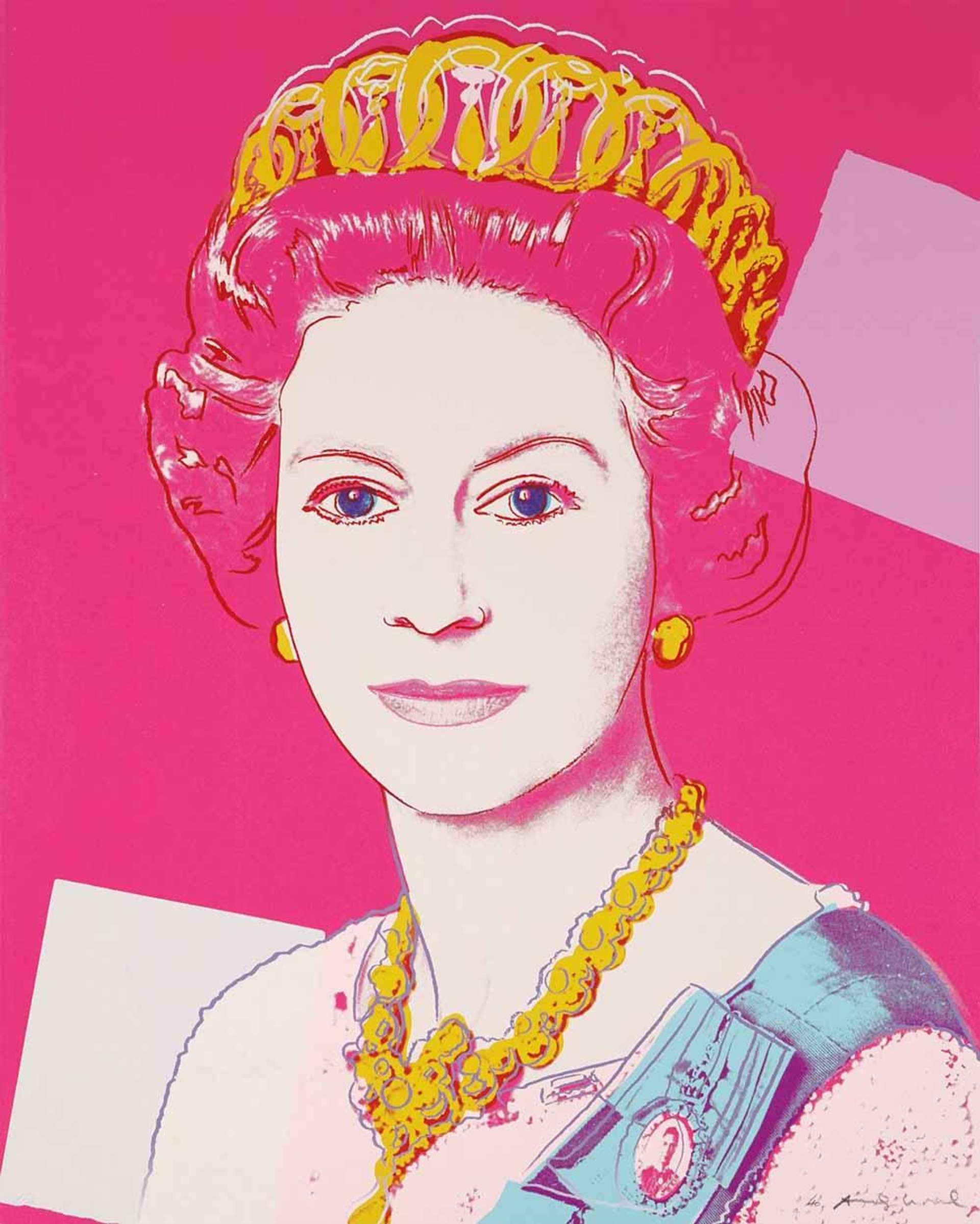 A screenprinted portrait of Queen Elizabeth II on a vibrant pink background. The queen wears a crown and an elaborate necklace, gazing directly at the viewer. Colorful abstract blocks create a dynamic backdrop.