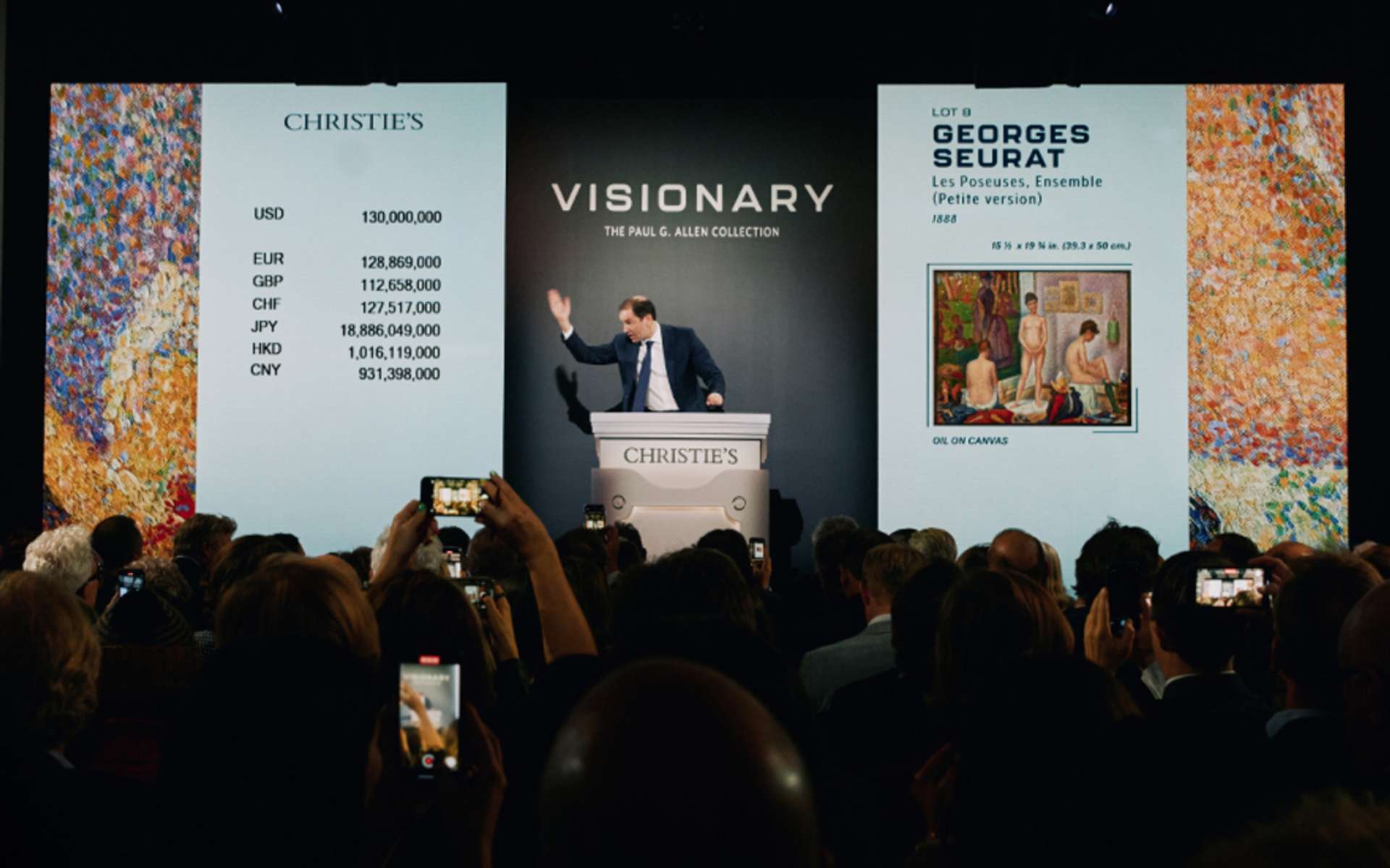 Live action bidding of  “Les Poseuses, Ensemble (Petite version)’’ by Georges Seurat during Visionary: Part 1 of the Paul G. Allen sale at Christie's New York.