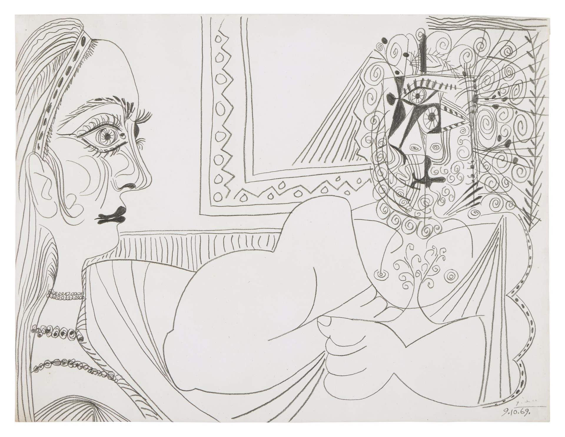 This drawing by Pablo Picasso shows two female figures: one reclines nude to the right, her head becoming increasingly abstracted; to the left, a depiction of a girl with big eyes and dark lips observes the scene.