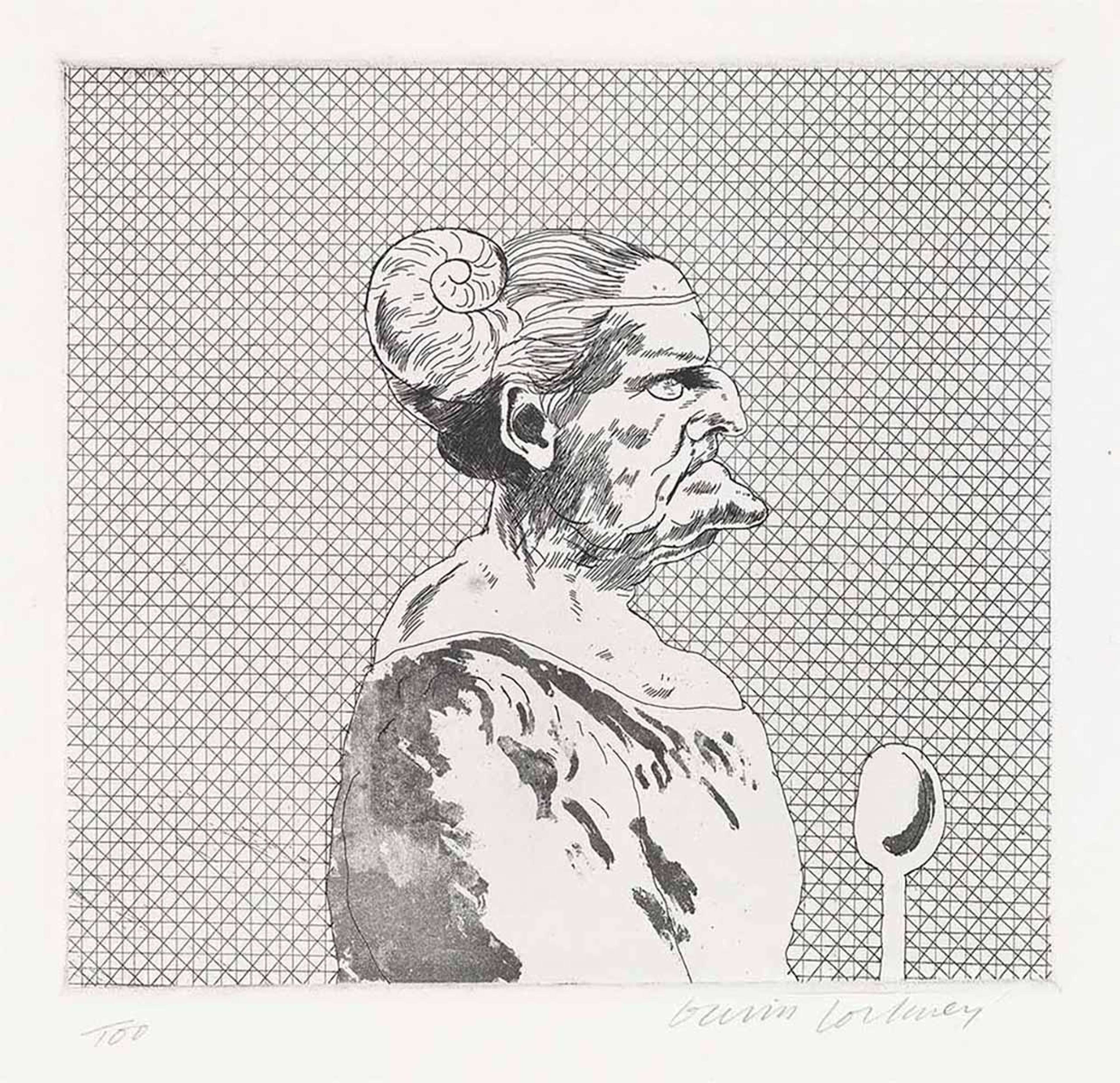 David Hockney’s The Cook. An etching of the side profile of a woman with a protruding chin, holding a wooden spoon.