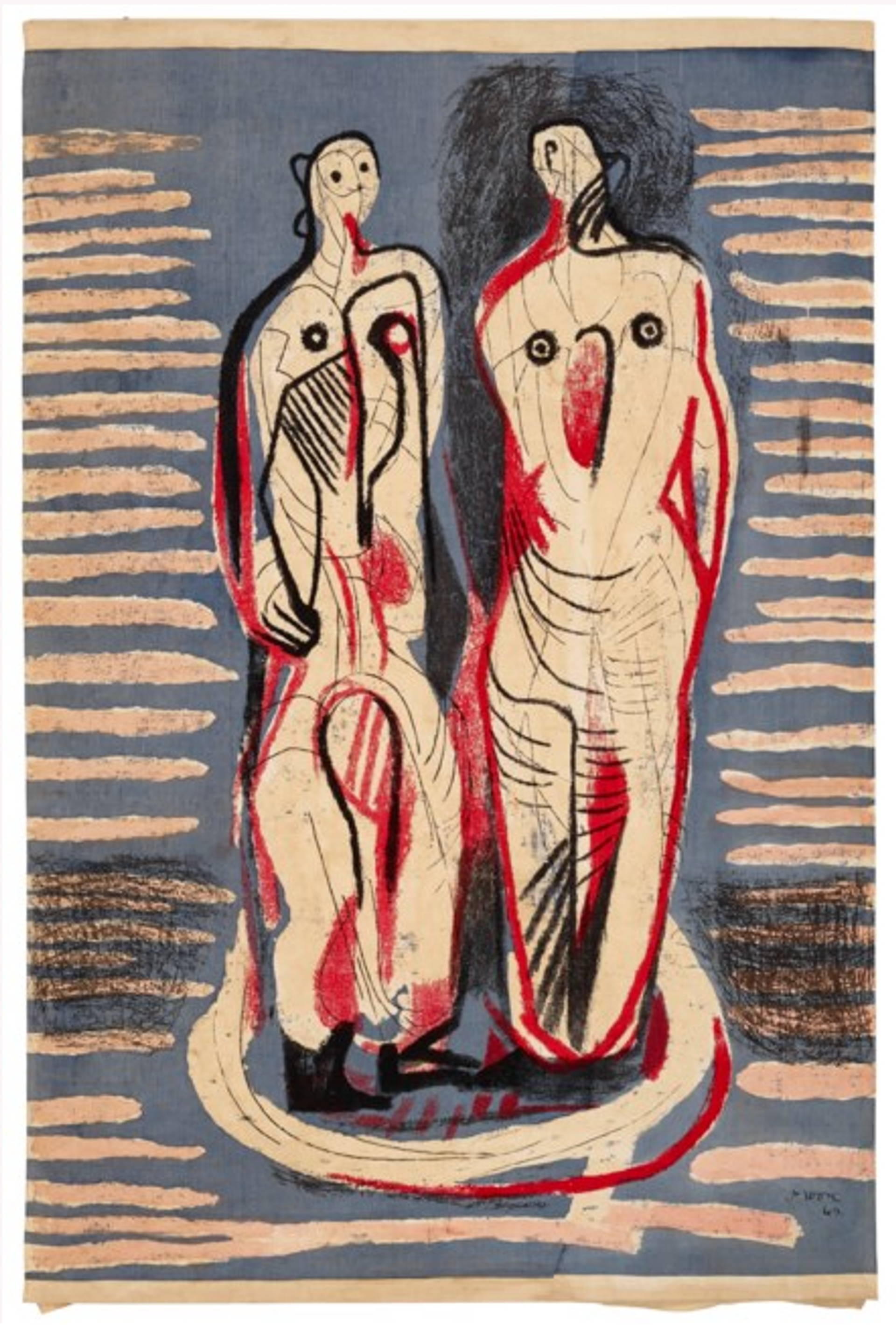A colored screenprint of two abstracted standing figures on a circular platform. The figures have loosely defined body features outlined in black and red lines. They are set against a subdued blue background with contrasting horizontal beige lines.
