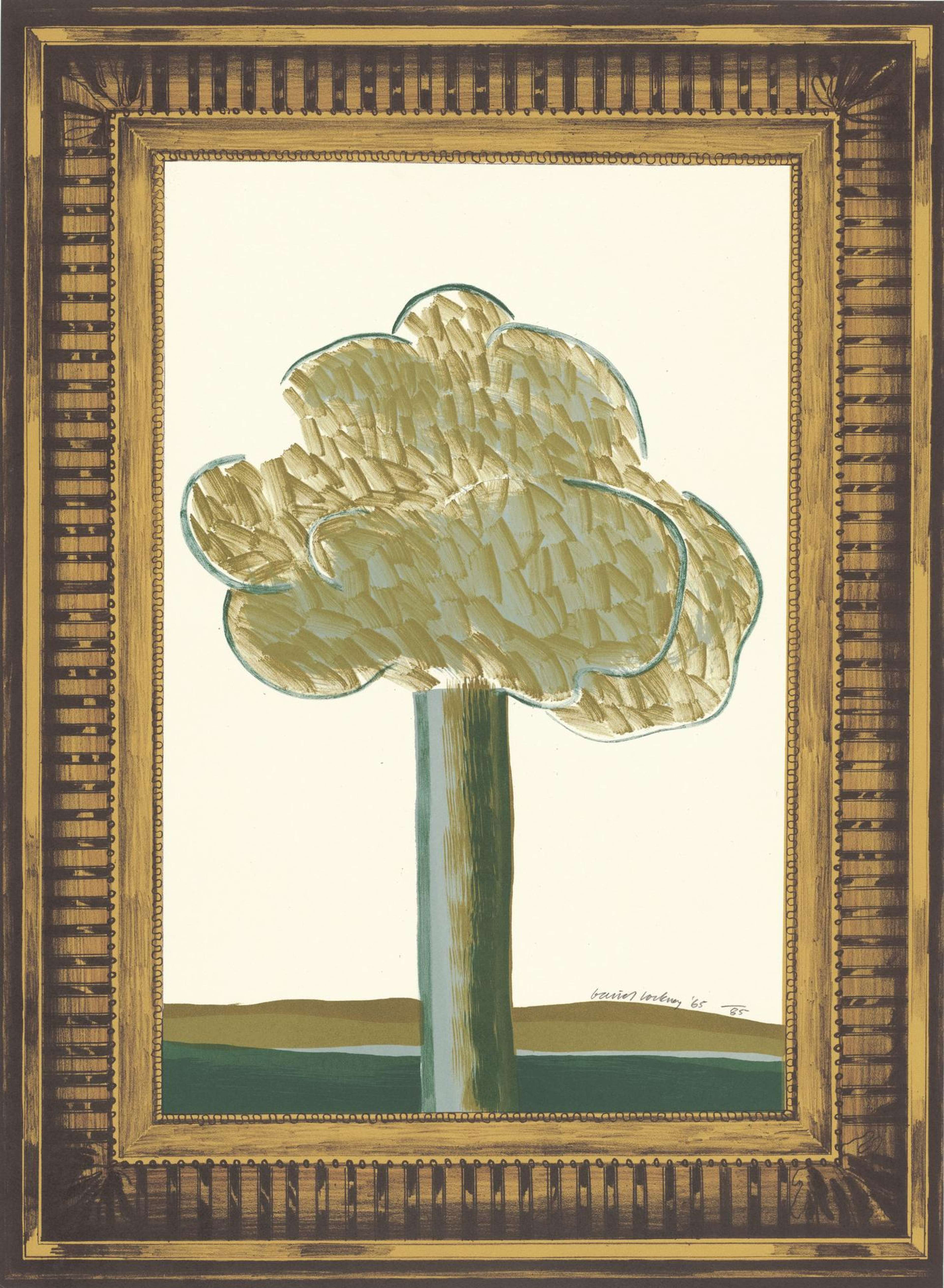 Abstract depiction of a tree, encased in an elaborate gold frame