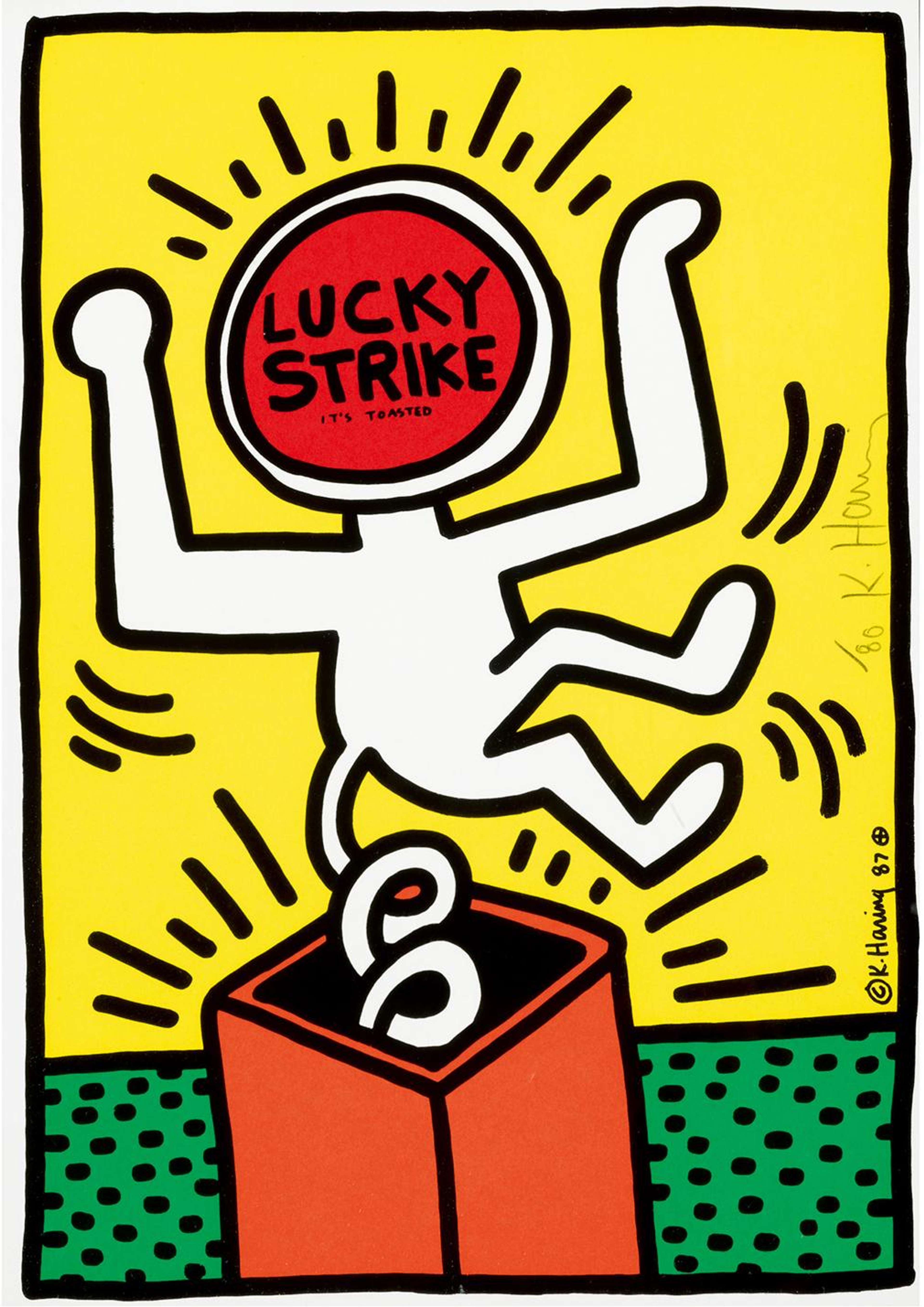 An image of the yellow lucky strike by Keith Haring depicting a figure bouncing up out of a brown box