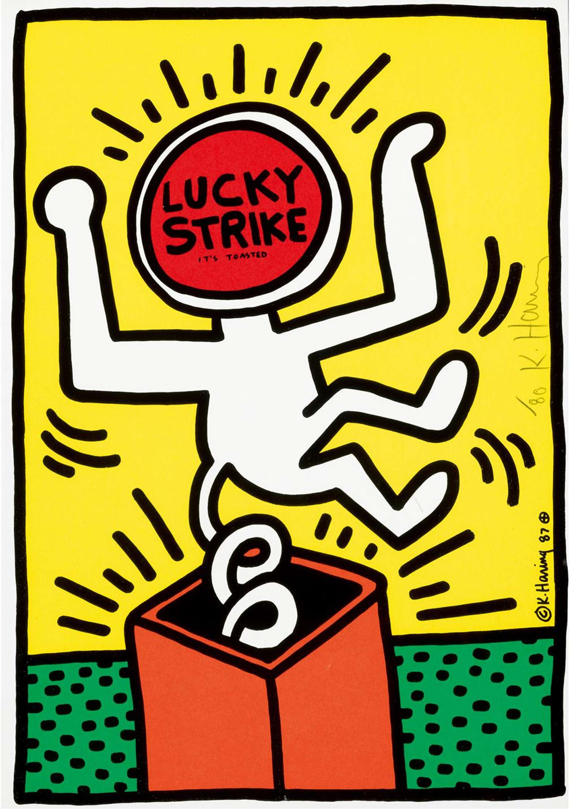 An image of the yellow lucky strike by Keith Haring depicting a figure bouncing up out of a brown box