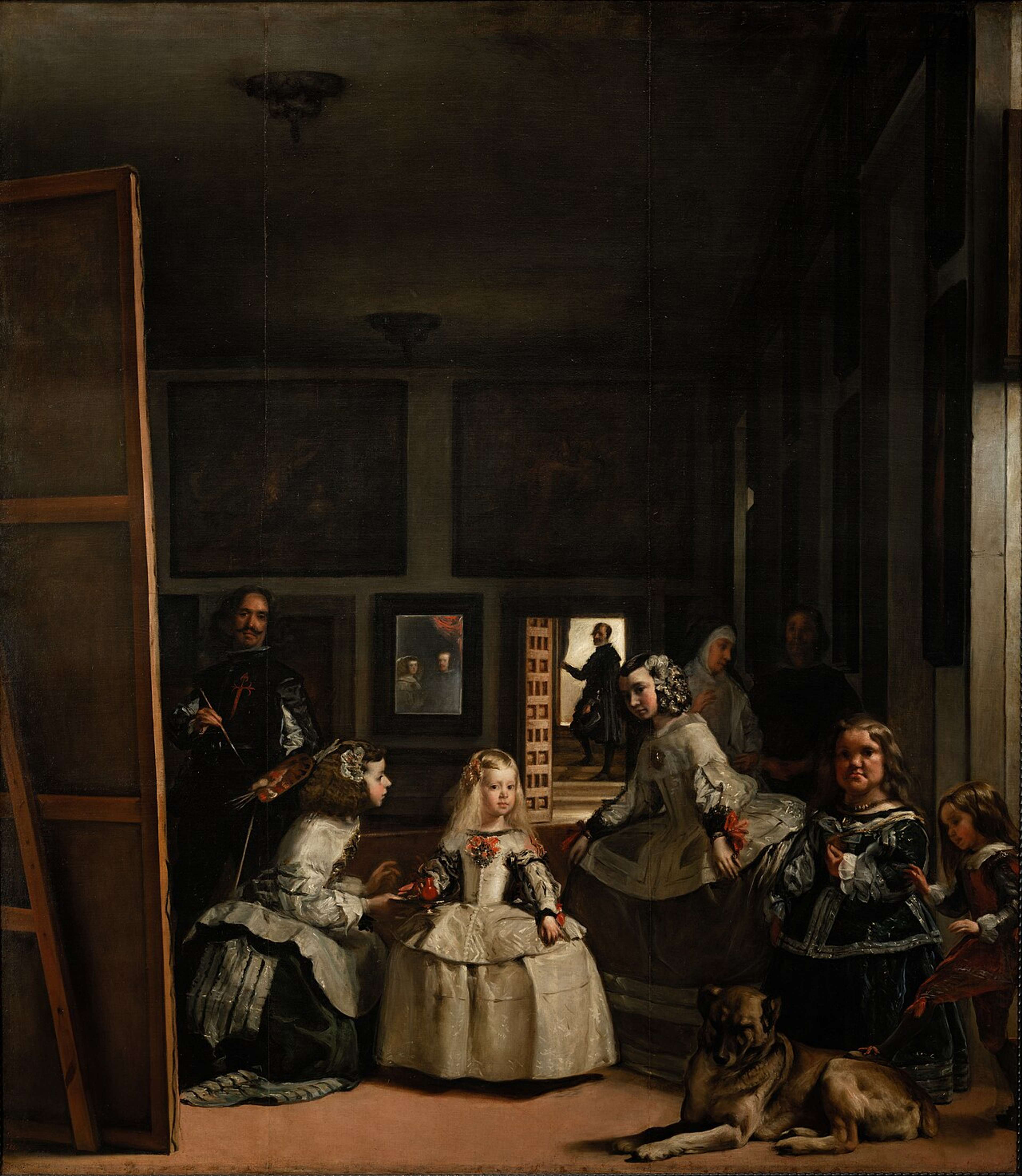 In a grand, shadowy studio, a young princess stands surrounded by her attendants, a painter at his easel, and a watchful dog, with a distant doorway revealing figures lit by bright daylight.