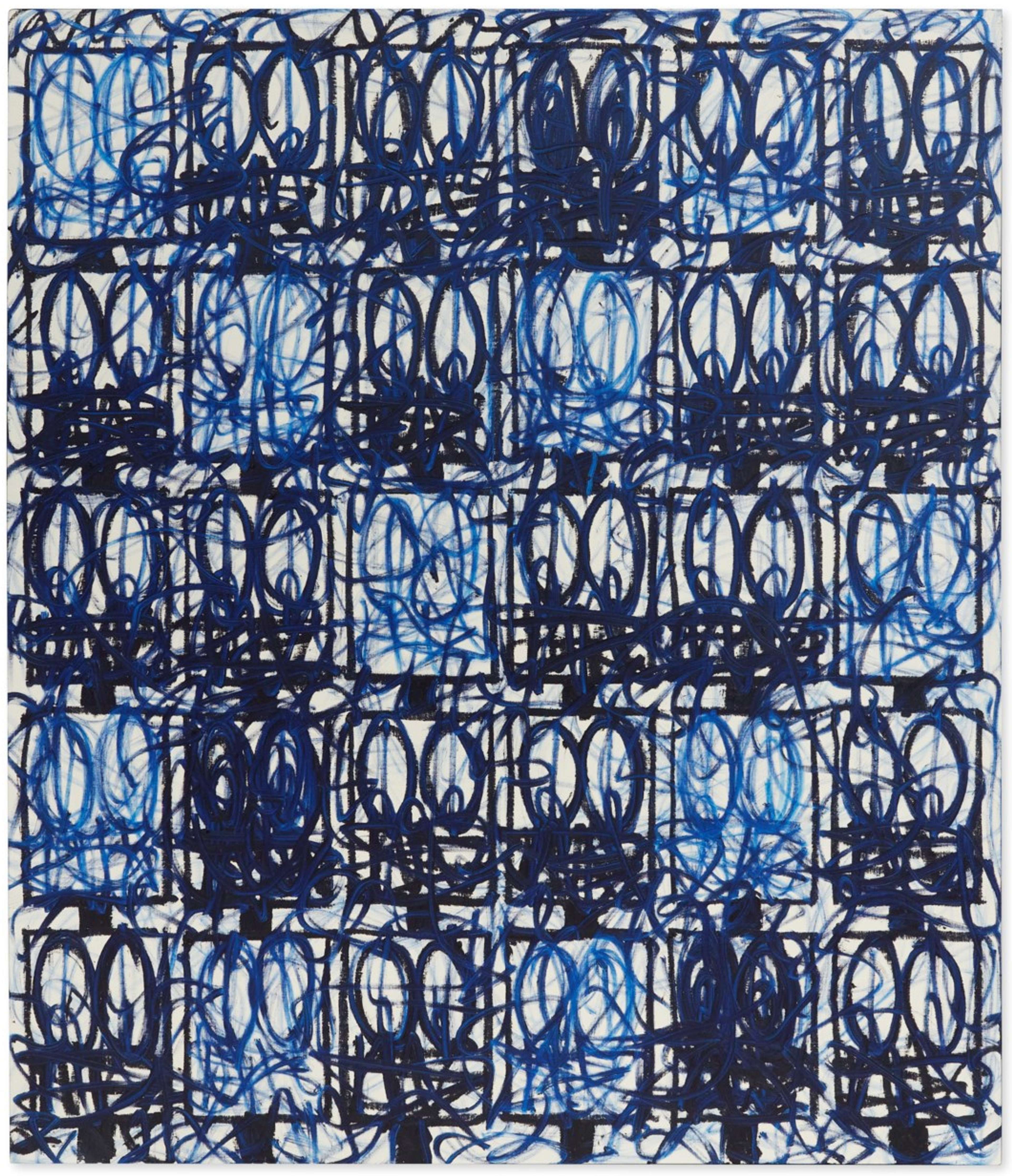 Rashid Johnson's canvas artwork, displaying abstract faces in a grid formation, painted with various shades of blue on a white canvas.