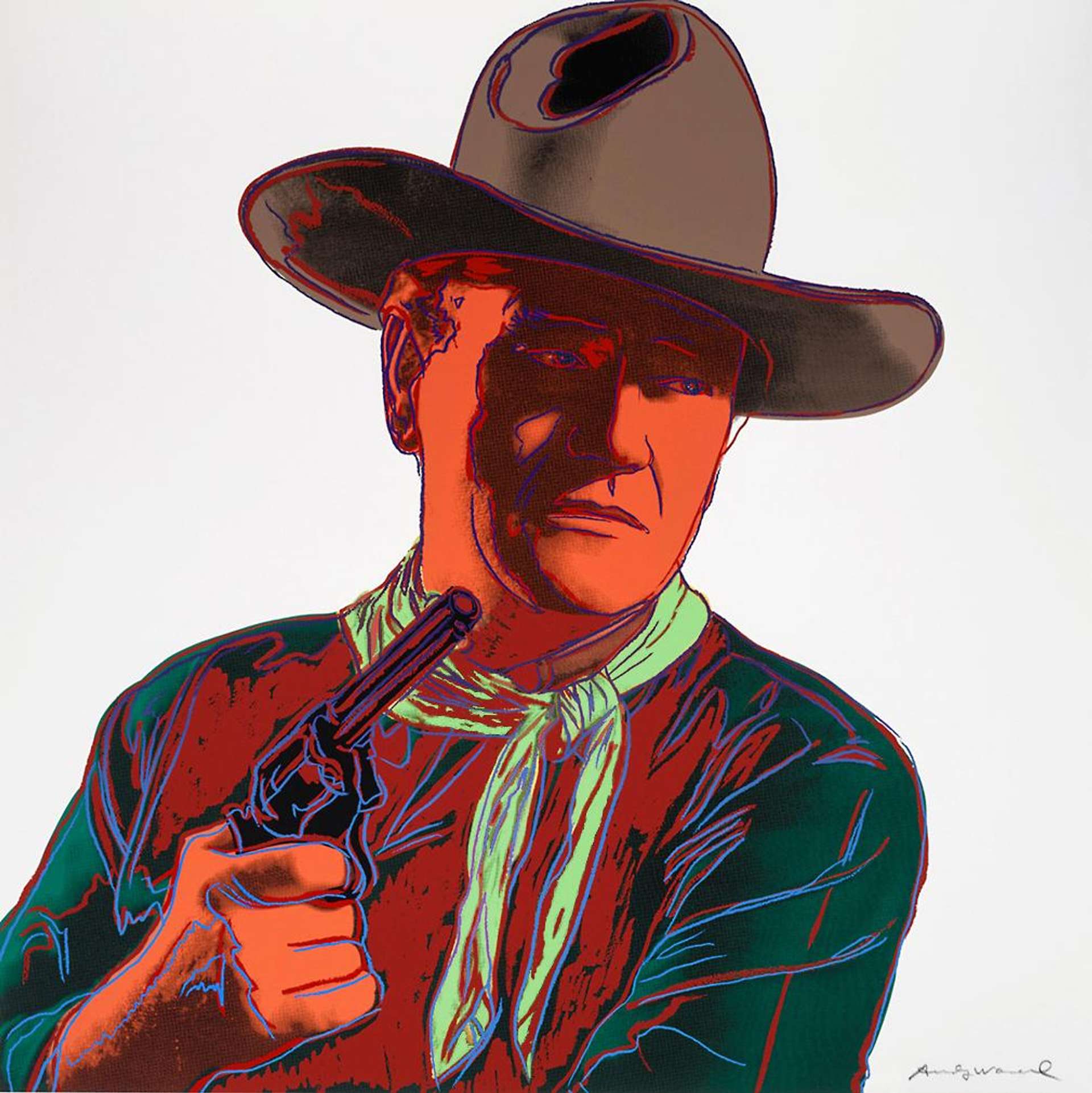 A screenprint by Andy Warhol depicting John Wayne with bright orange on the skin and green scarf. Wayne is pictured in a Stetson hat, pointing a gun to the right of the composition.