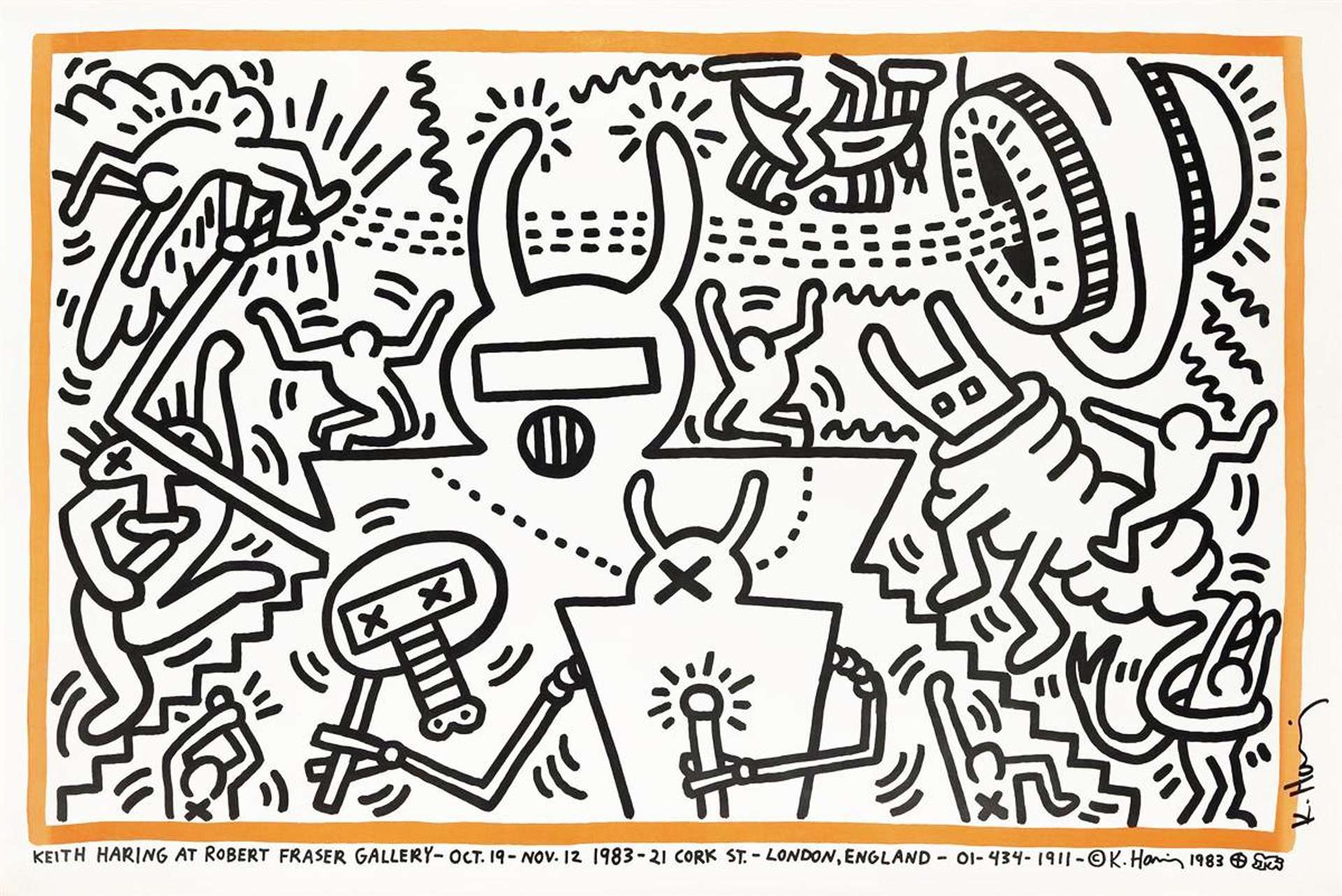 A lithograph by Keith Haring depicting black cartoon figures against a white background, framed by an orange-red line.