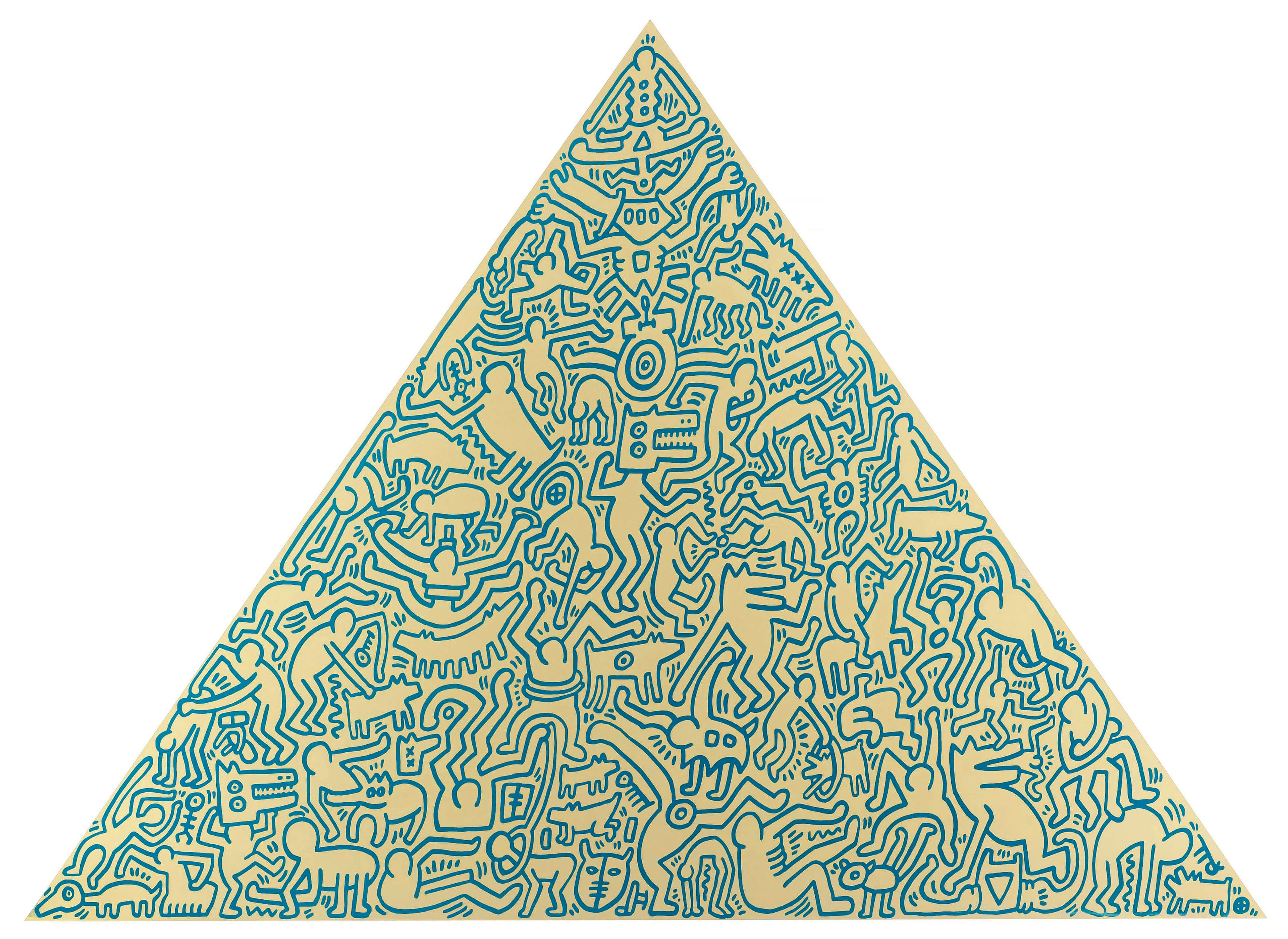 Keith Haring’s Pyramid (gold II). A Pop Art screenprint of a gold triangle with blue figures in various poses inside of it.