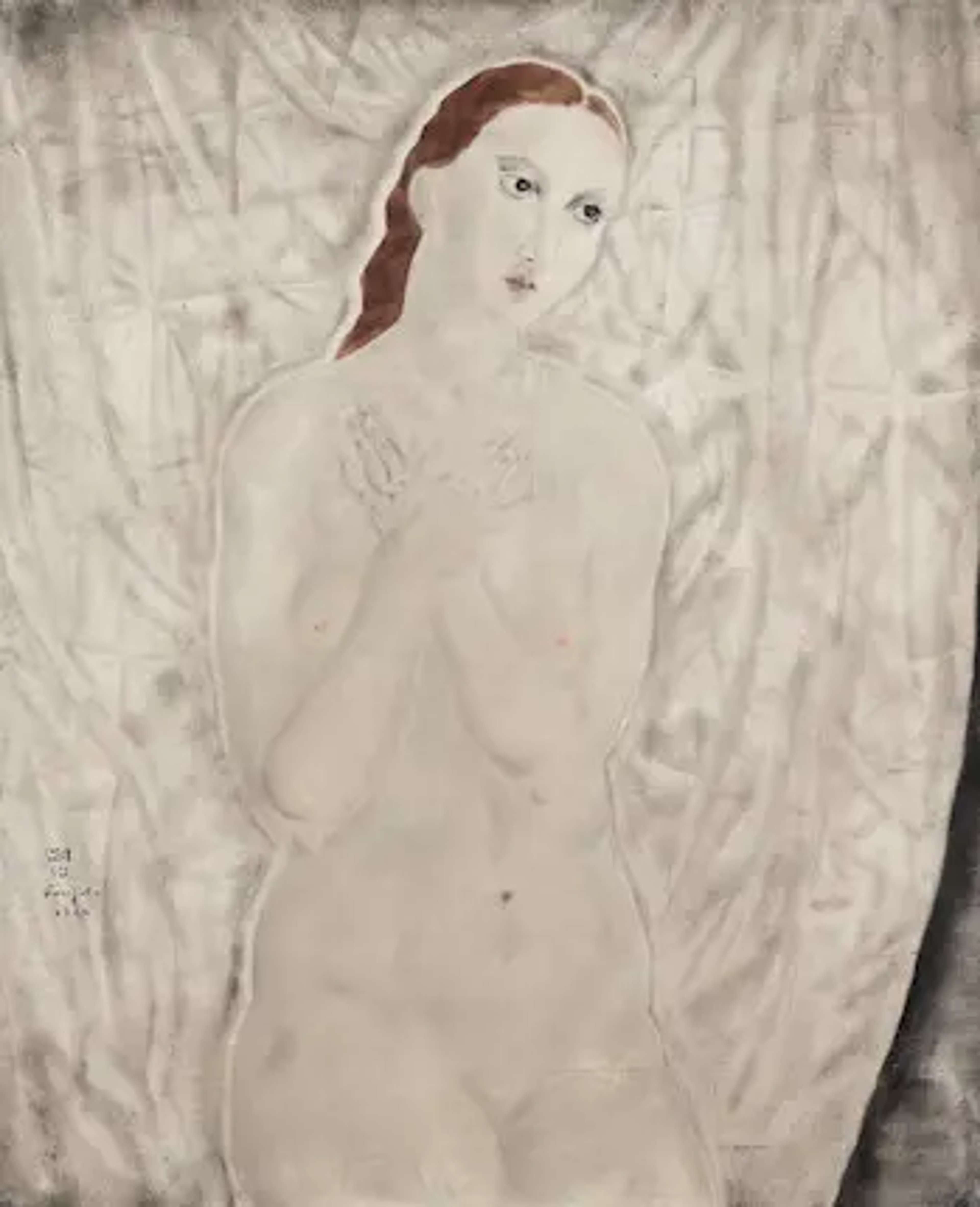 A nude female figure, seen from the mid-thigh up, gently leaning against a white fabric backdrop, her hands crossed over her chest in a prayer-like pose. She has wavy auburn hair pulled back from her face and very pale skin. Her head is tilted and she looks up slightly to her left. 