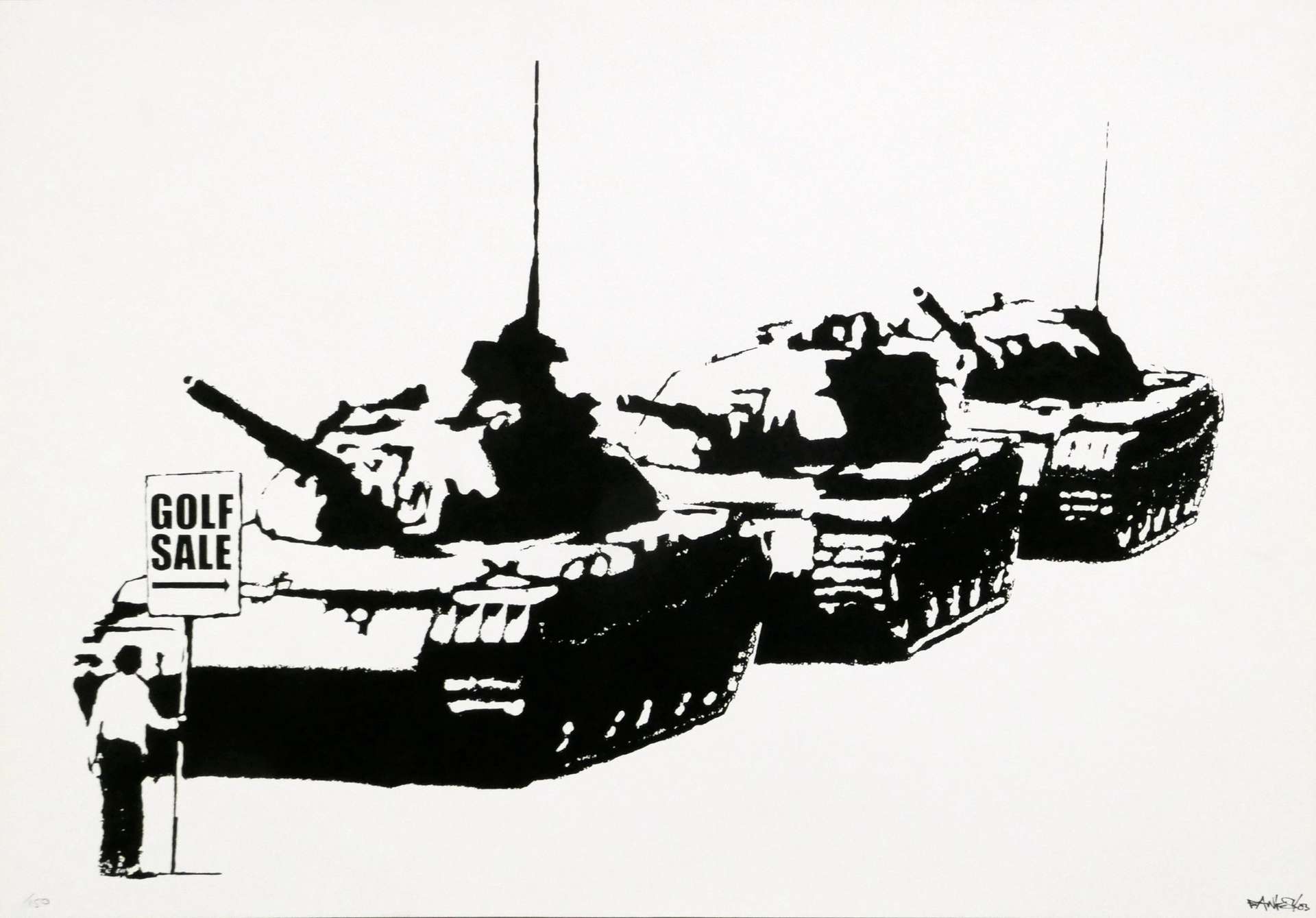 A monochrome print by Banksy showing a man purposefully blocking the path of three military tanks, similar to Tank Man in Tiananmen Square..