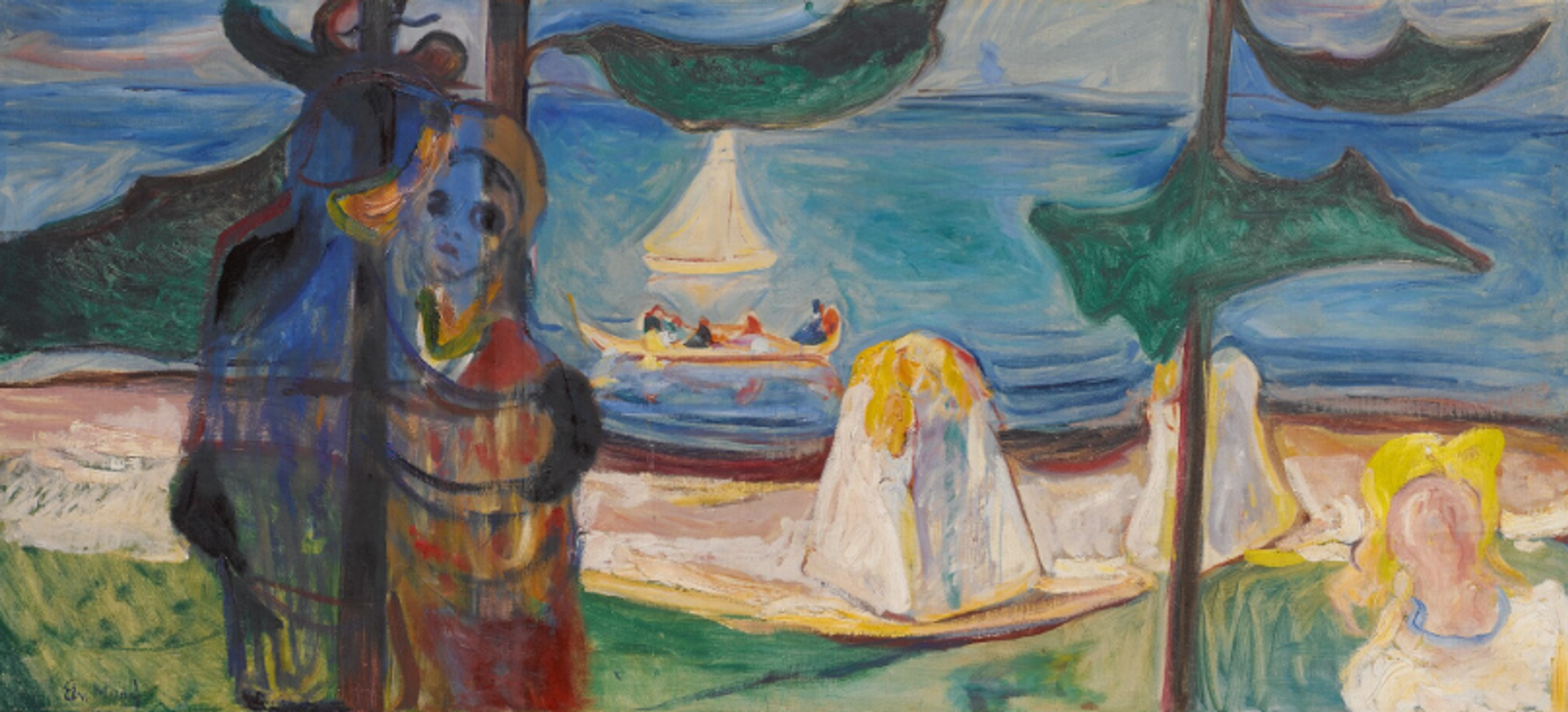 A vibrant seaside scene featuring abstracted figures in white on the shore, a sailboat on the water, and trees framing the composition. Two figures are embracing in the foreground, their colours translucent against the background. The woman is staring wide-eyed towards the viewer, while the man looks intently at her.