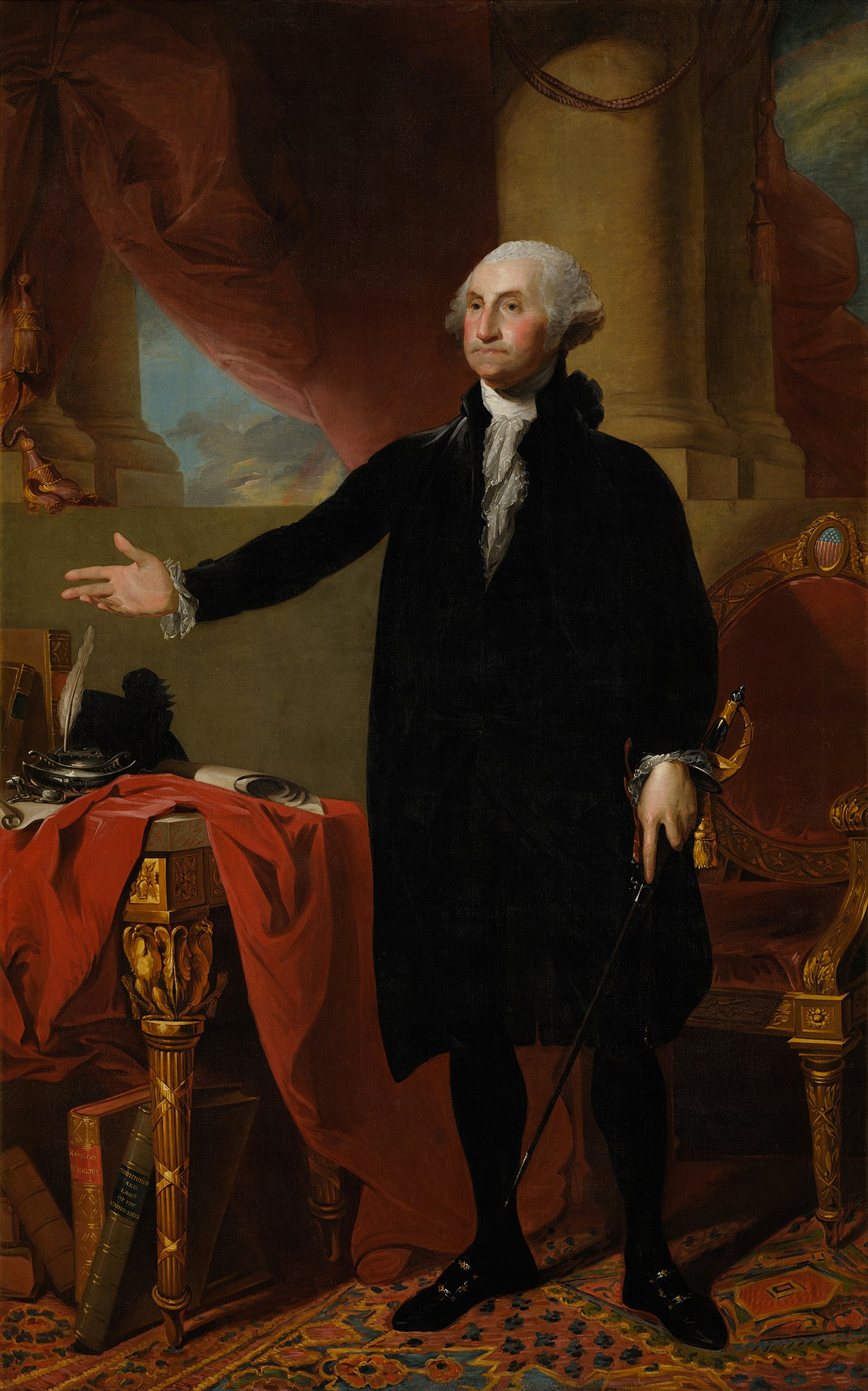 A portrait of President George Washington by Gilbert Stuart. A man standing with a with his right hand outstretched and a sword in his left hand. 