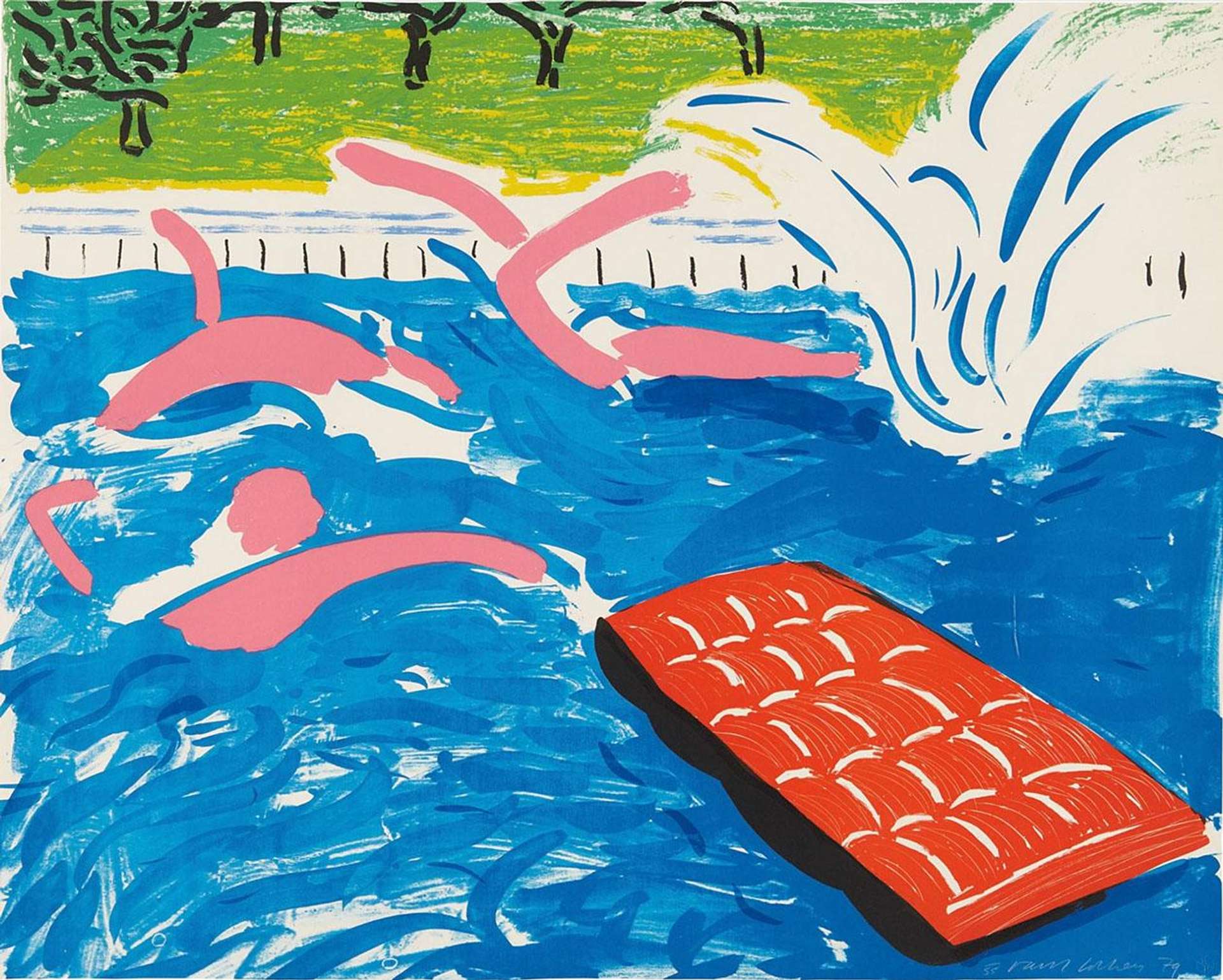 David Hockney’s Afternoon Swimming. A lithograph of three pink abstract figures swimming in vivid blue waters in a swimming pool. The landscape is bright green and there is a red floatation mat in the pool. 
