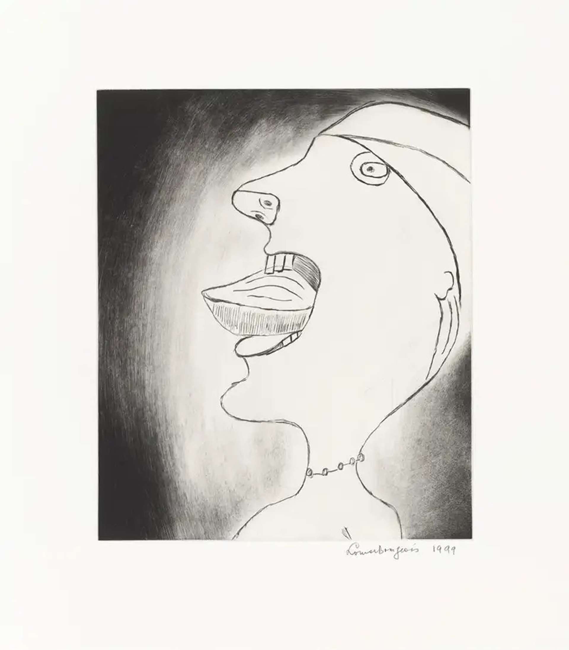 Louise Bourgeois’ Madeleine. A drypoint print of someone holding their head backwards with their tongue sticking out in front of them. 