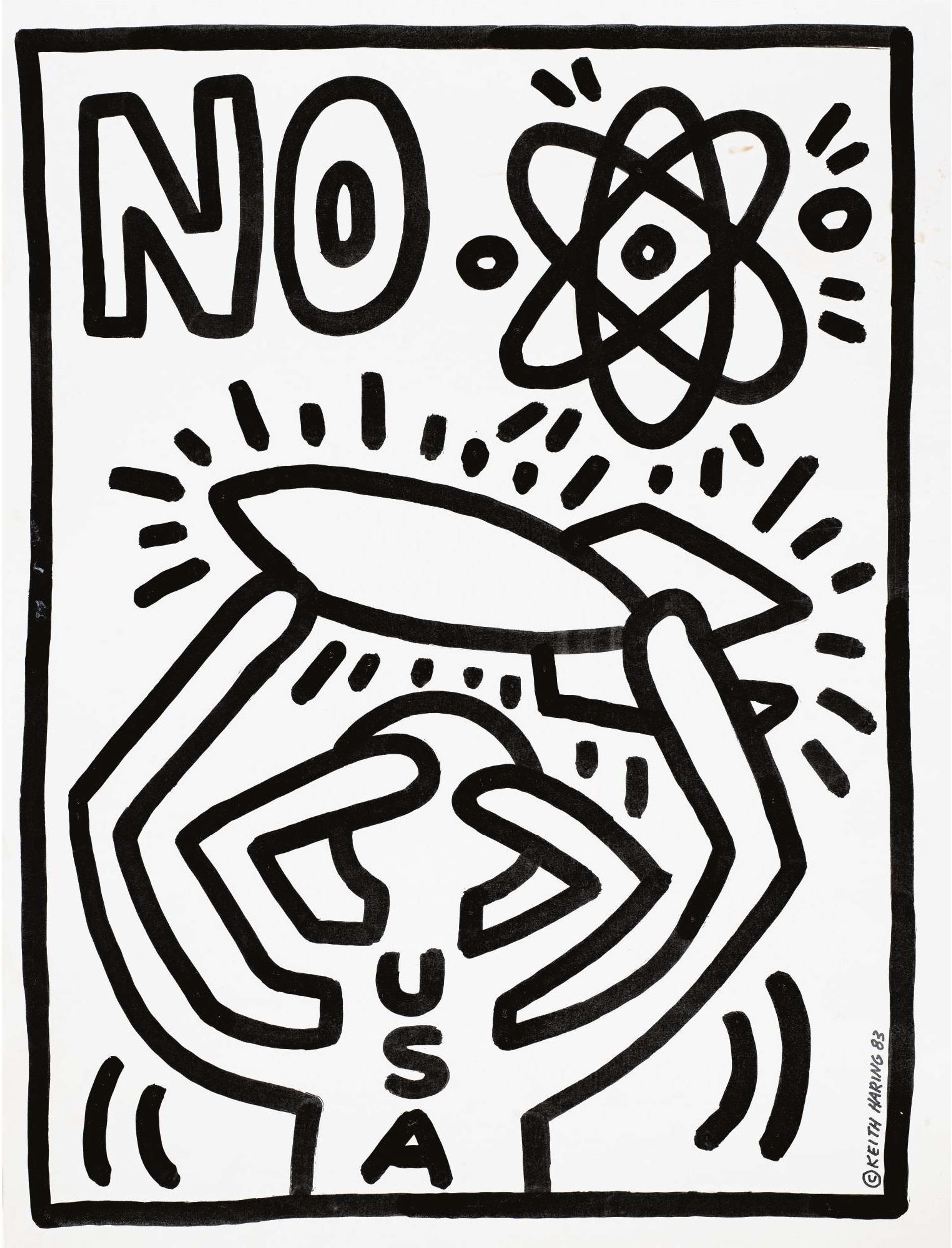 This print by Keith Haring, employing only black thick contours against the white background, the poster depicts a figure with a double pair of hands raised upwards. As one pair of hands covers part of the figure’s face, the gesture connotes the collective tendency to turn a blind eye to violence. Disproportionate in size to the rest of the body, another pair of hands upholds a missile that is seen floating freely in the air.