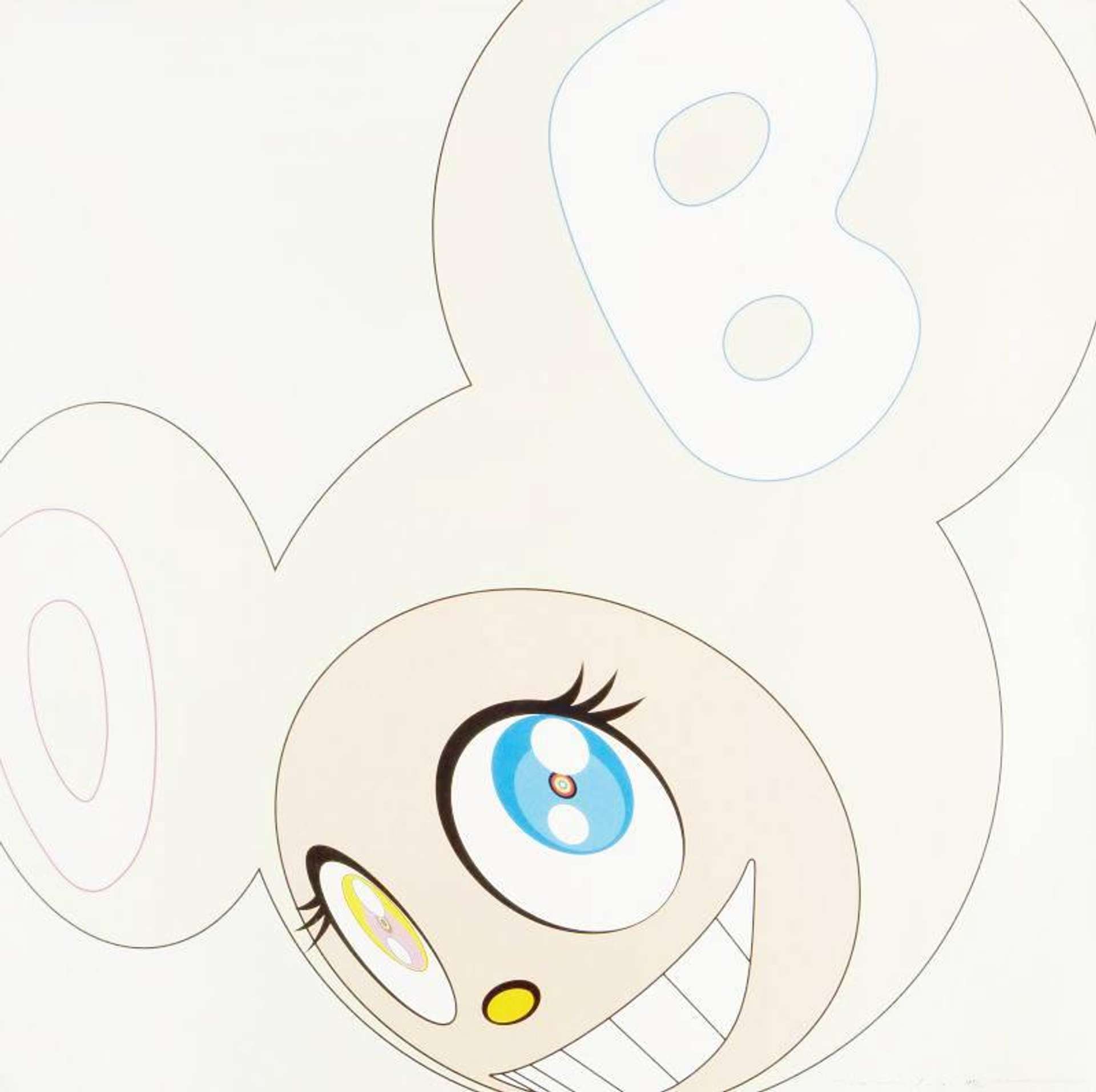 Takashi Murakami’s DOB (white). A Neo Pop screenprint of a close up of an animated white character with one yellow eye and one blue eye, smiling. 