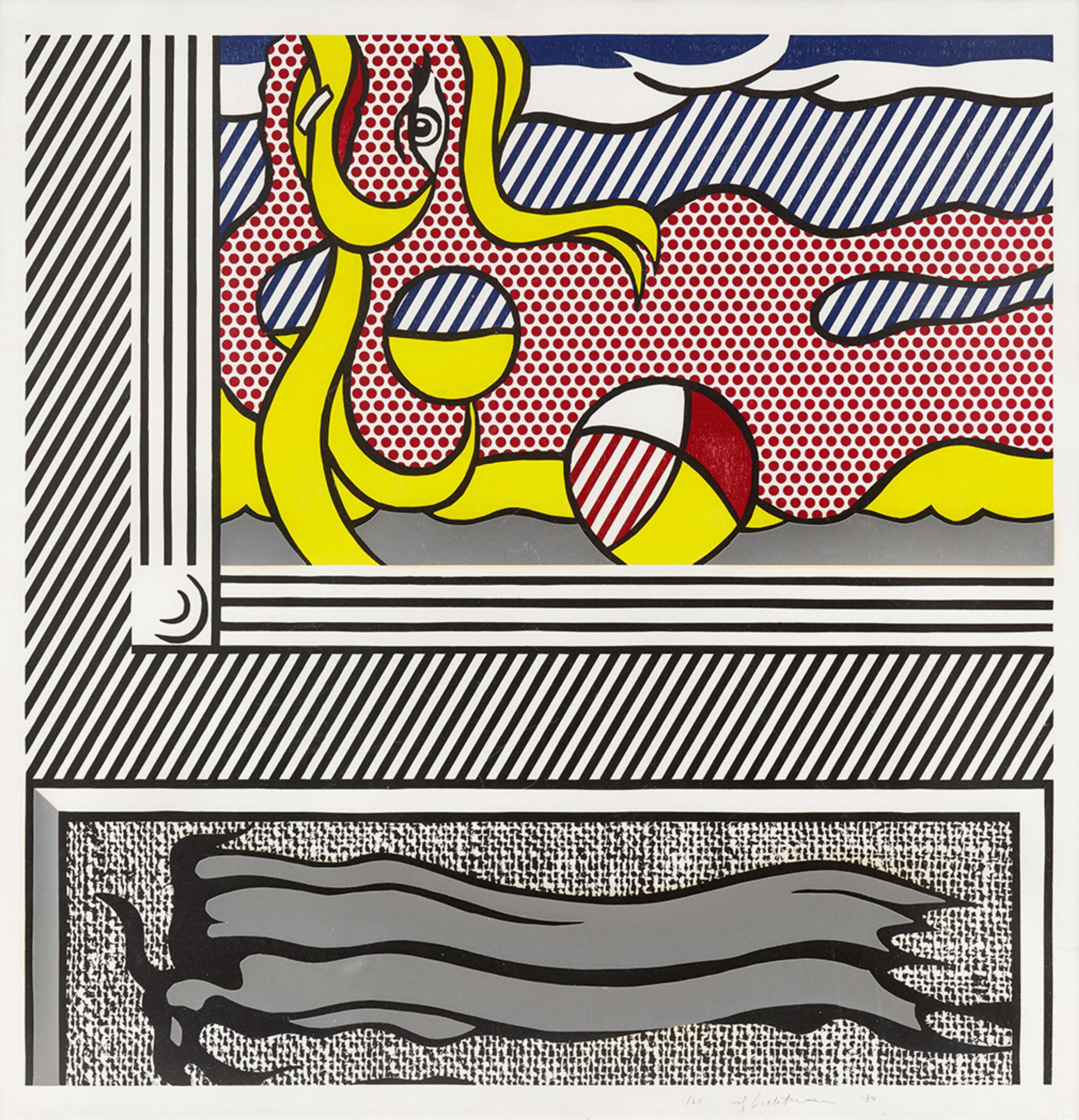 Pop Art print of a framed seaside scene: red Ben-Day dotted reclining figure with yellow outline and a red-white beach ball before blue striped waves; bold diagonal striped borders and a lower panel showing a grey ribbon-like brushstroke on a speckled ground.