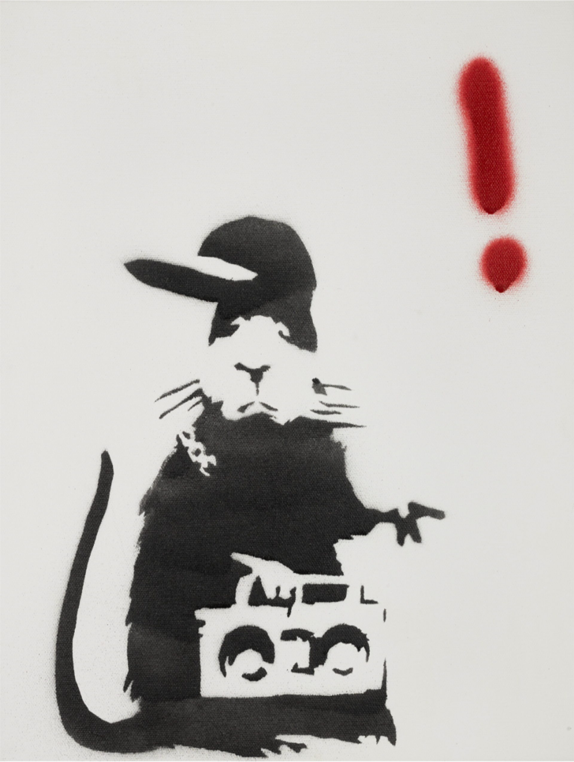 A black spray painted rat dressed in a cap and chain, holding a boombox. In the top right corner of the composition is a haphazardly spray painted exclamation mark in red.